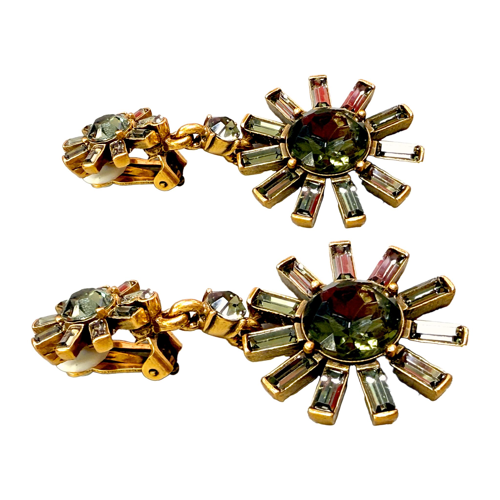 Oscar de la Renta Silver-Plated Olivine Green Baguette Pinwheel Clip Drop Earrin 3