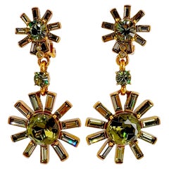 Oscar de la Renta Silver-Plated Olivine Green Baguette Pinwheel Clip Drop Earrin