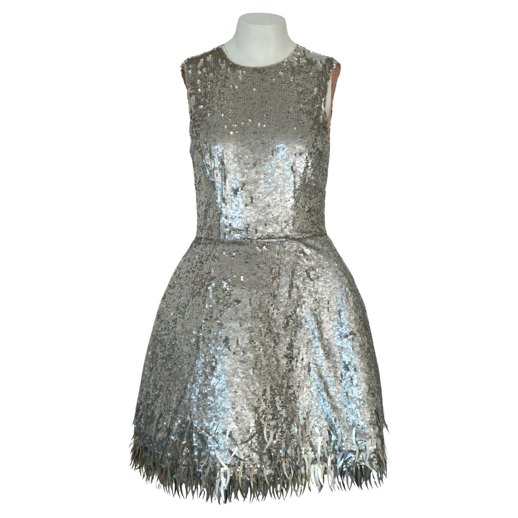 Oscar De La Renta Silver - Mini robe à franges pailletées