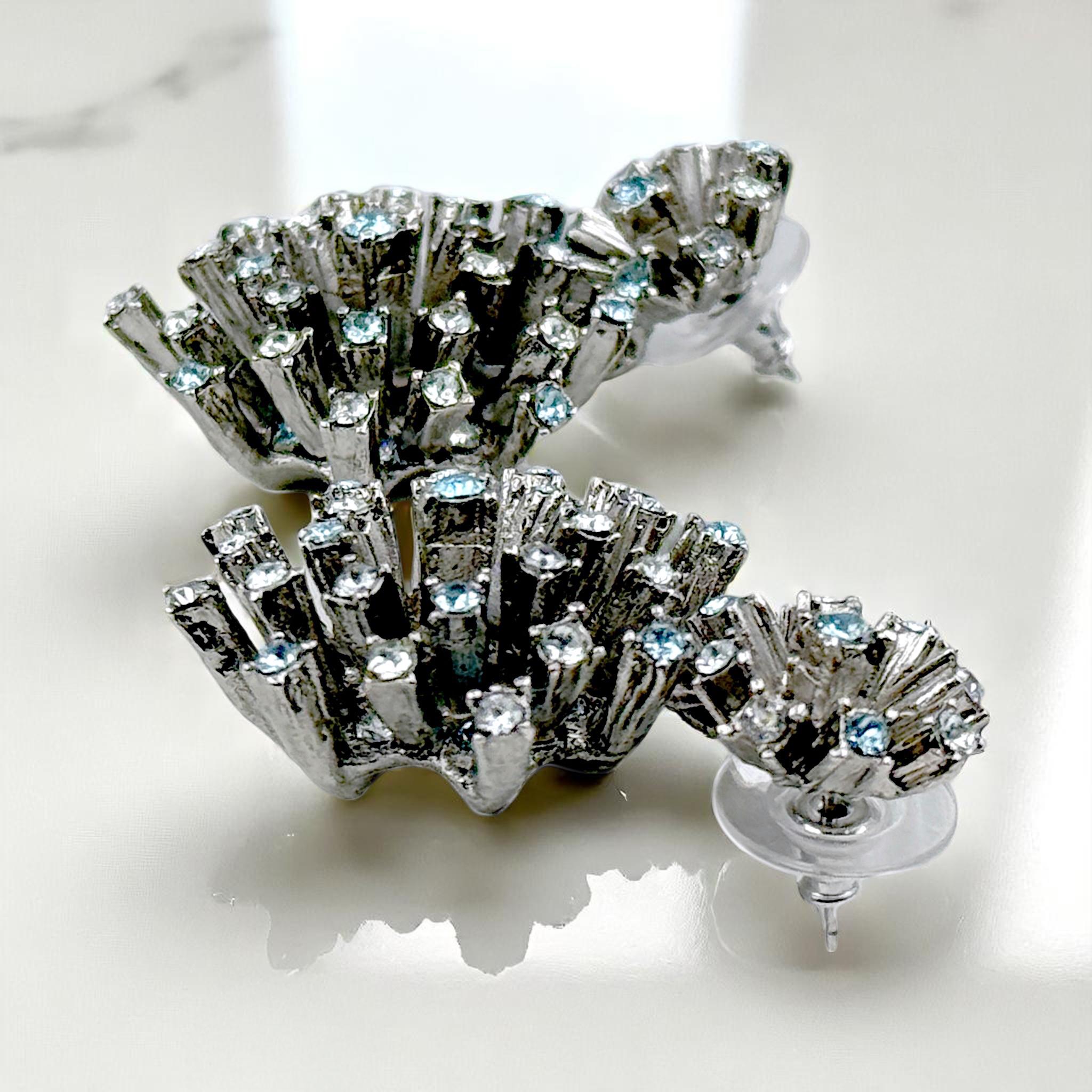 Contemporary Oscar de la Renta Silvertone Starburst Drop Earrings with Swarovski Crystals For Sale