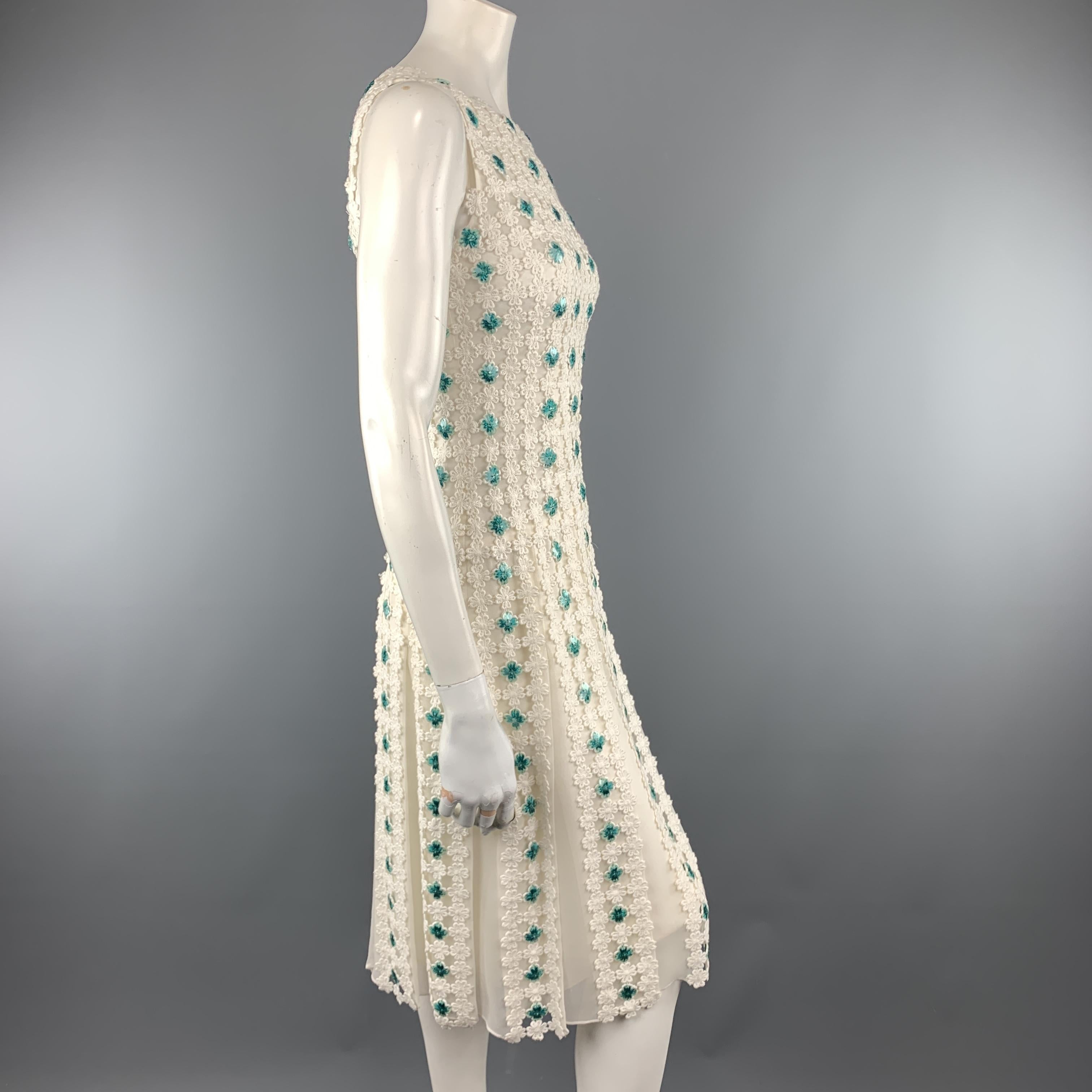 Women's OSCAR DE LA RENTA Size 0 White Turquoise Sewuin Lace Sleeveless Cocktail Dress