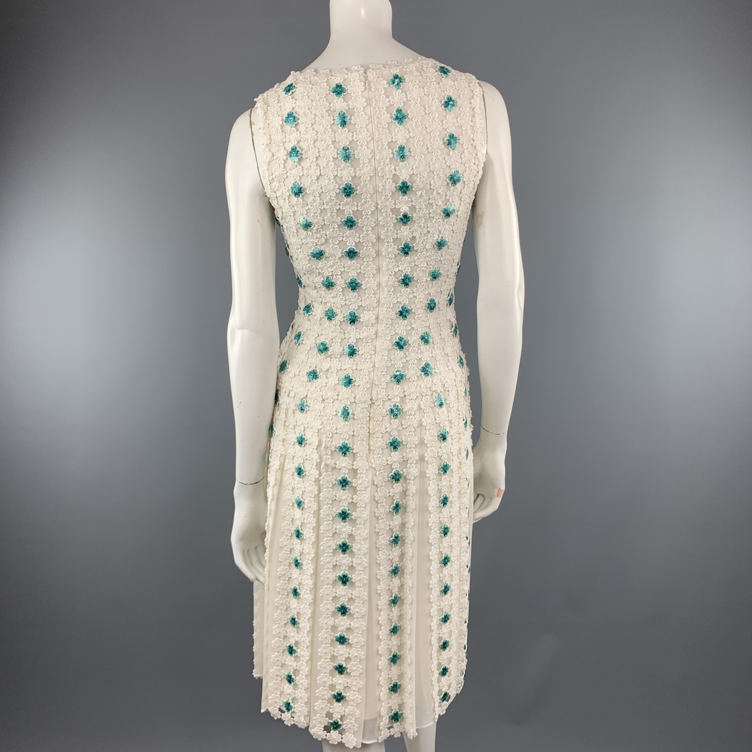 OSCAR DE LA RENTA Size 0 White Turquoise Sewuin Lace Sleeveless Cocktail Dress 1