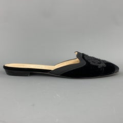 OSCAR DE LA RENTA Size 10 Black Emboidered Velvet Mule Flats
