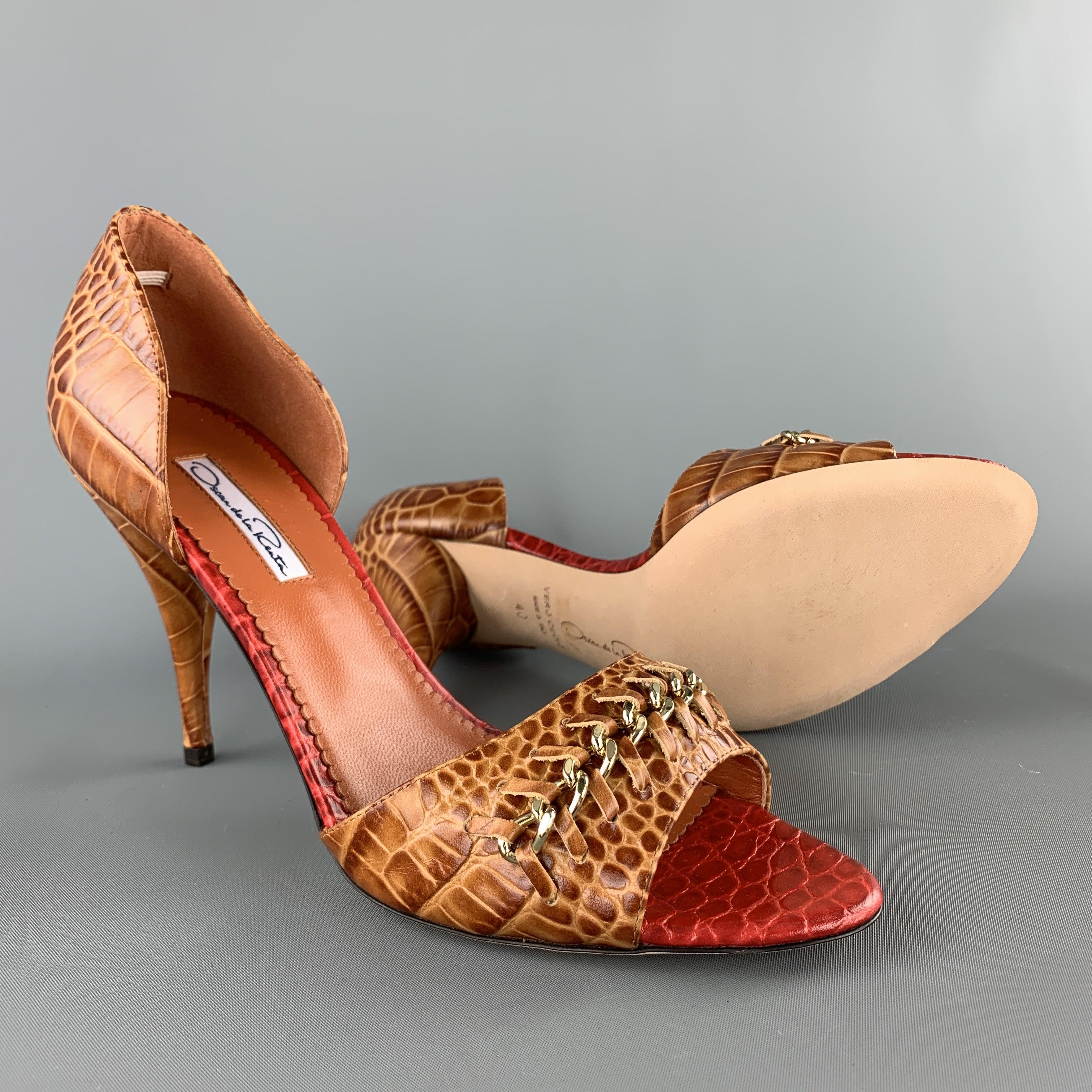 OSCAR DE LA RENTA Taille 10 Chaussures D'orsay en cuir d'alligator marron avec lanières en chaîne Pour femmes en vente