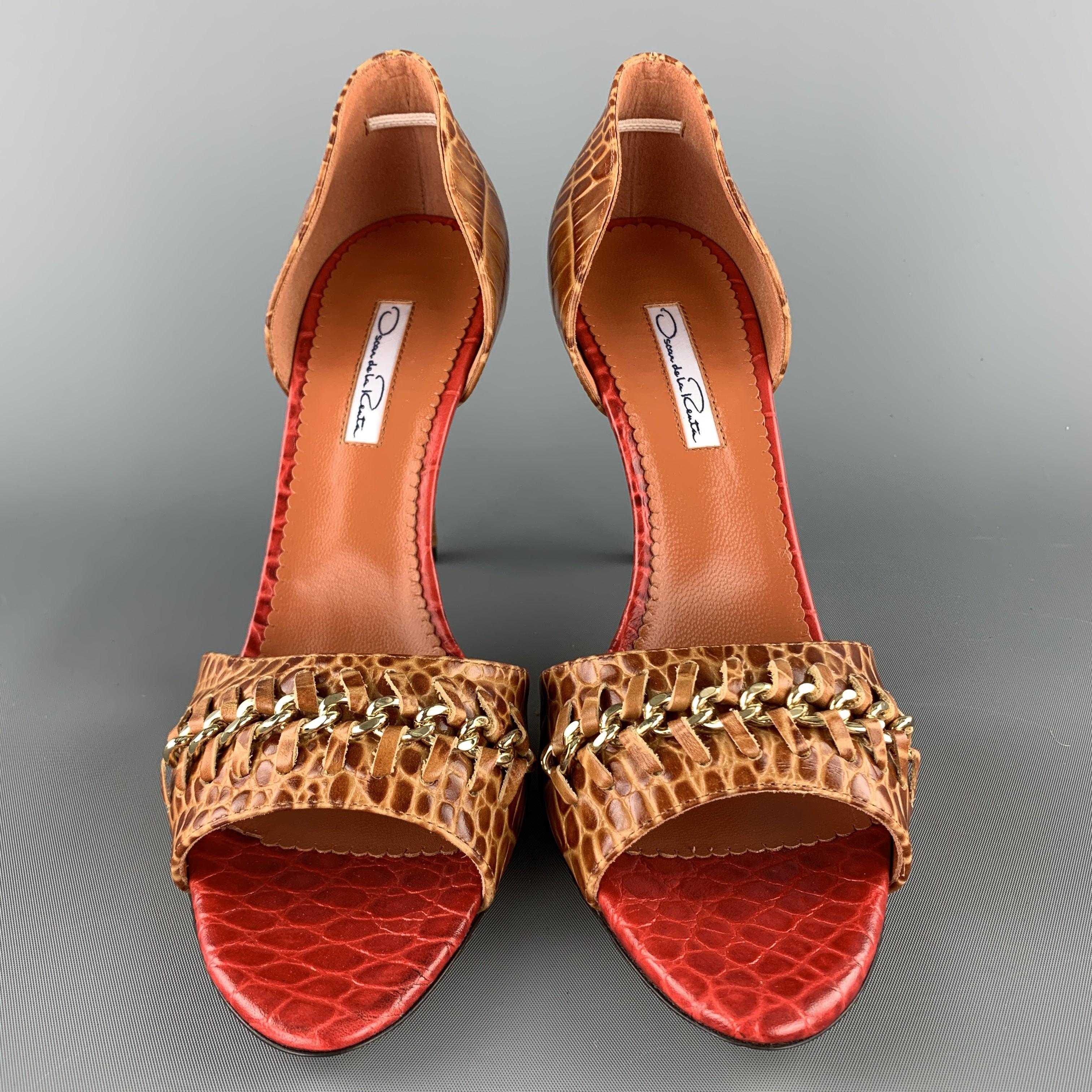OSCAR DE LA RENTA Taille 10 Chaussures D'orsay en cuir d'alligator marron avec lanières en chaîne en vente 1