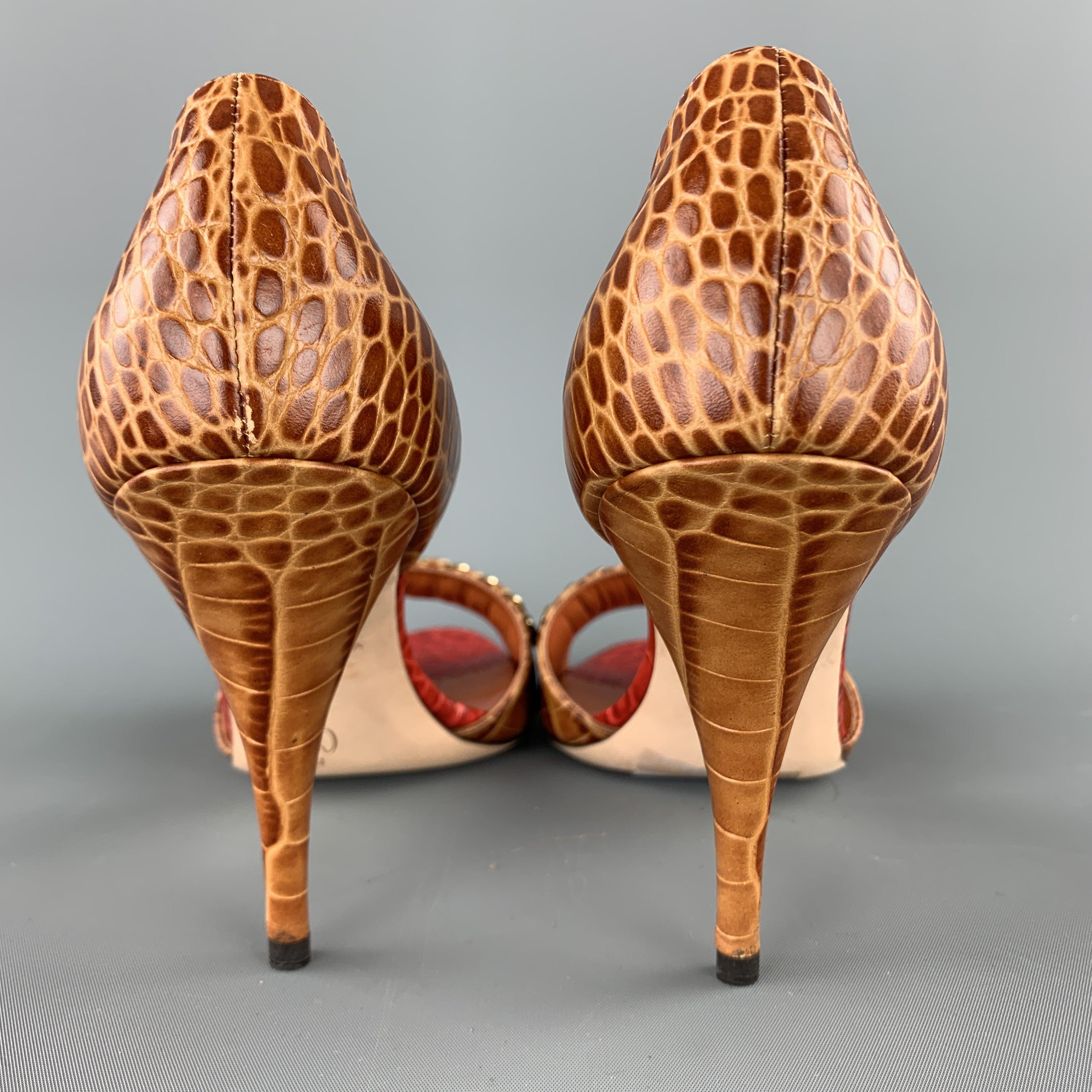 OSCAR DE LA RENTA Taille 10 Chaussures D'orsay en cuir d'alligator marron avec lanières en chaîne en vente 4