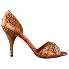 OSCAR DE LA RENTA Size 10 Brown Alligator Leather Chain Strap D'orsay Pumps