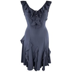 OSCAR DE LA RENTA Size 10 Navy Silk Sleeveless Ruffle Cocktail Dress