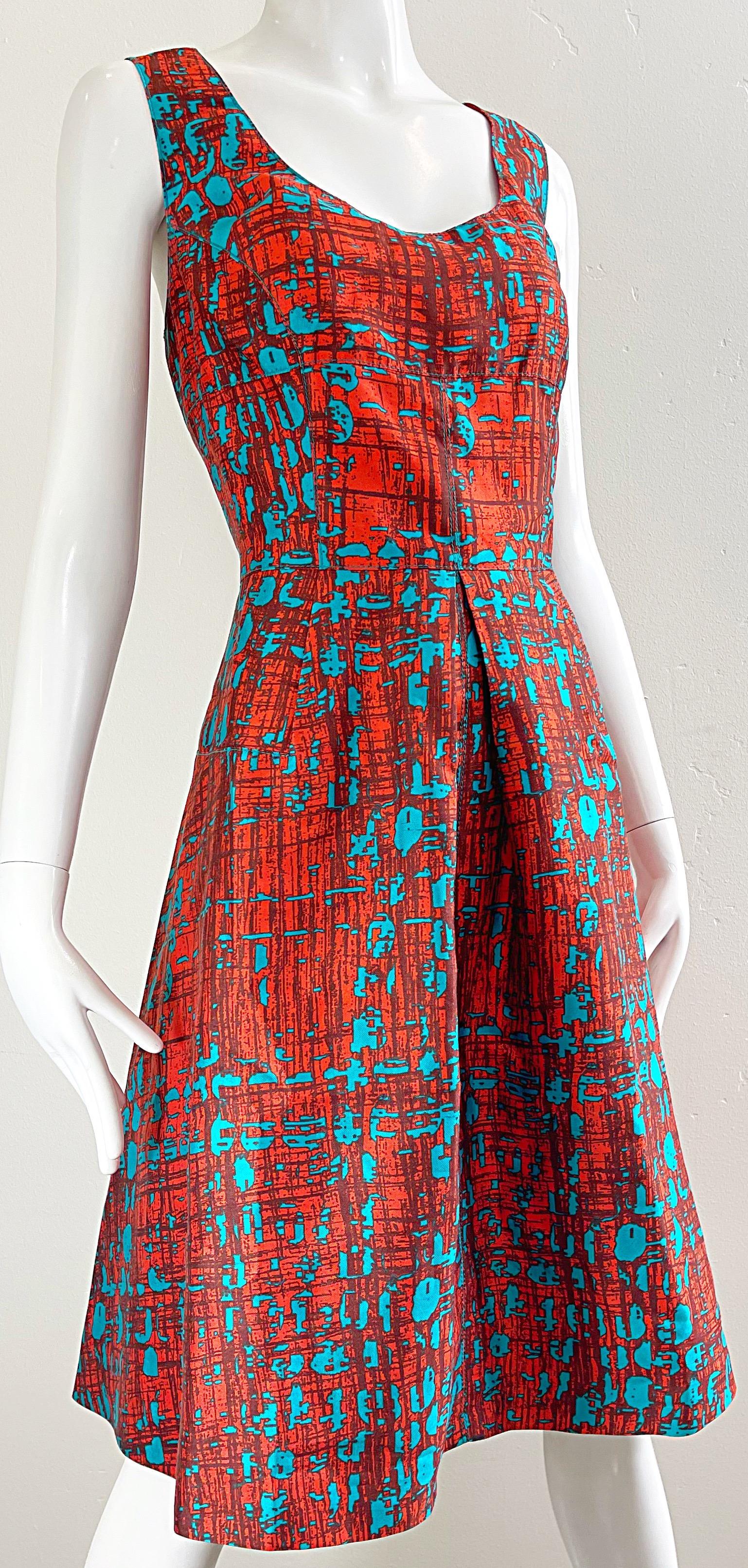 Oscar de la Renta Size 14 2000s Orange + Blue Silk Fit n’ Flare Y2K Dress For Sale 4