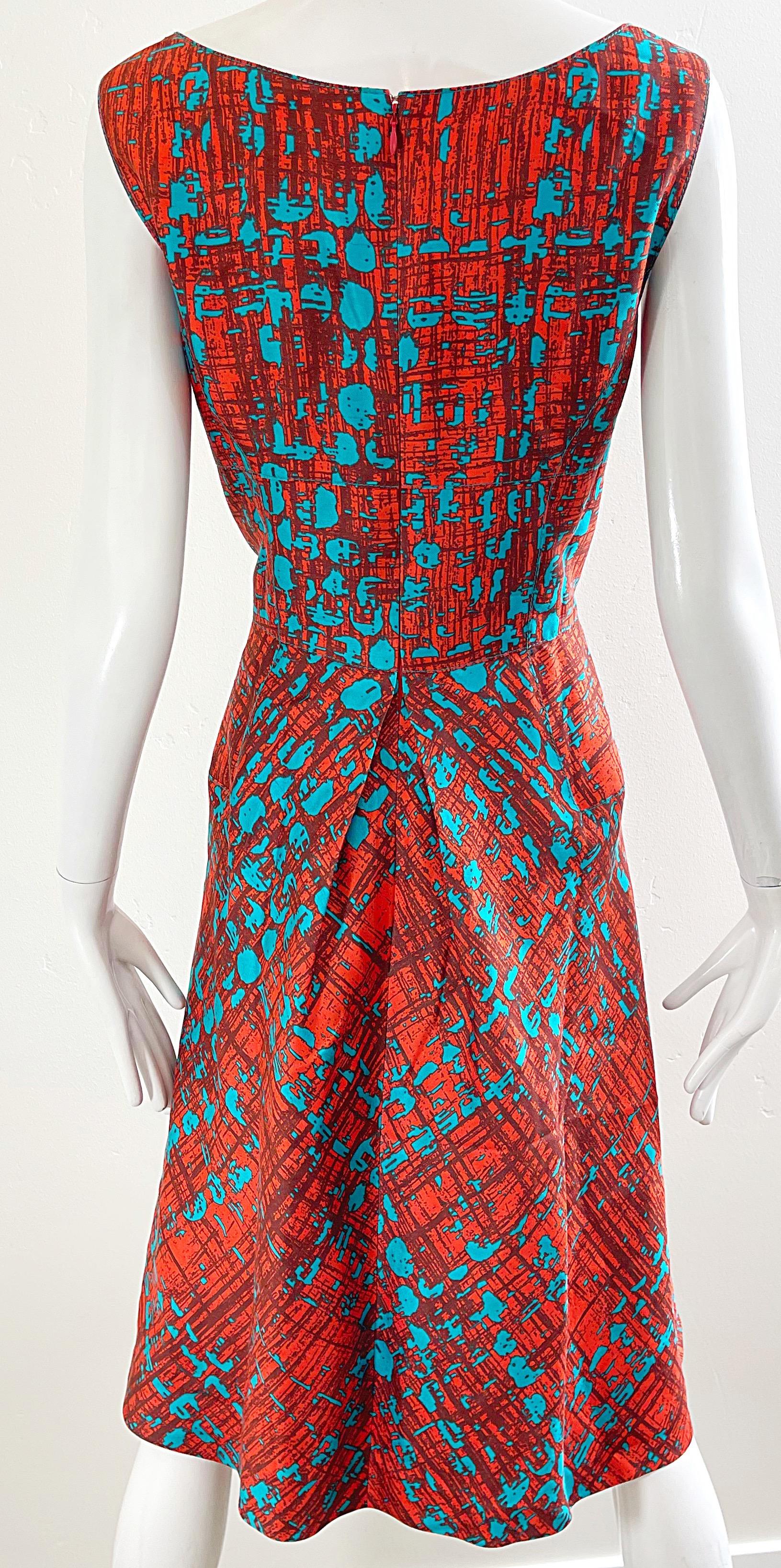 Oscar de la Renta Size 14 2000s Orange + Blue Silk Fit n’ Flare Y2K Dress For Sale 6