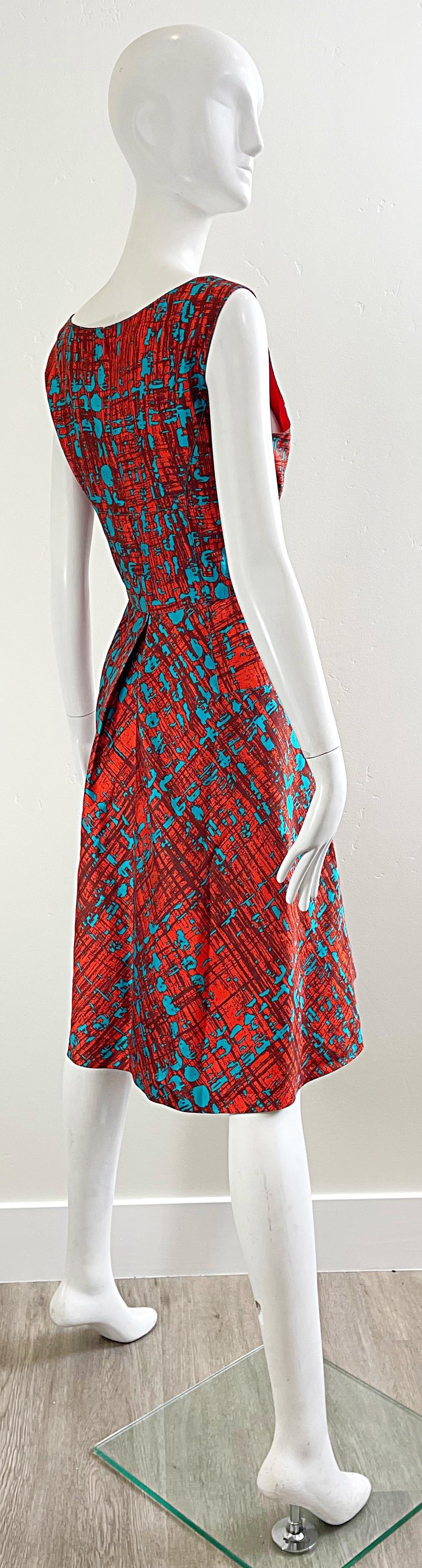 Oscar de la Renta Size 14 2000s Orange + Blue Silk Fit n’ Flare Y2K Dress For Sale 7