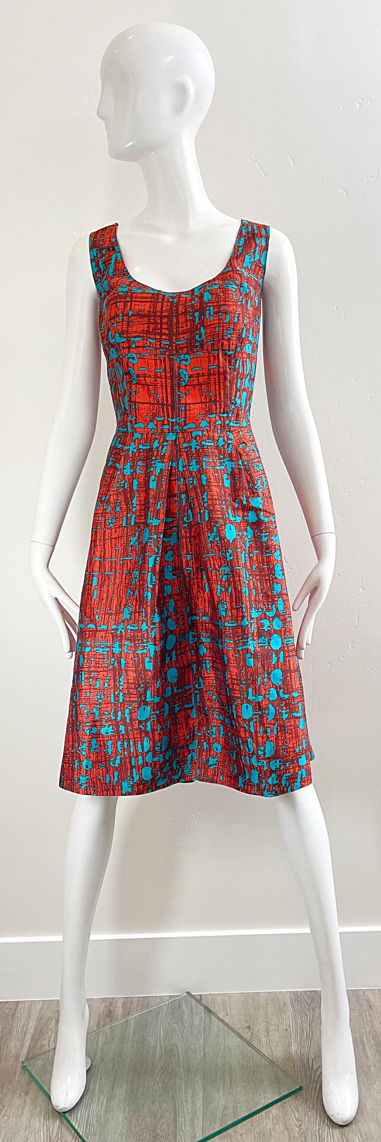 Oscar de la Renta Size 14 2000s Orange + Blue Silk Fit n’ Flare Y2K Dress For Sale 8