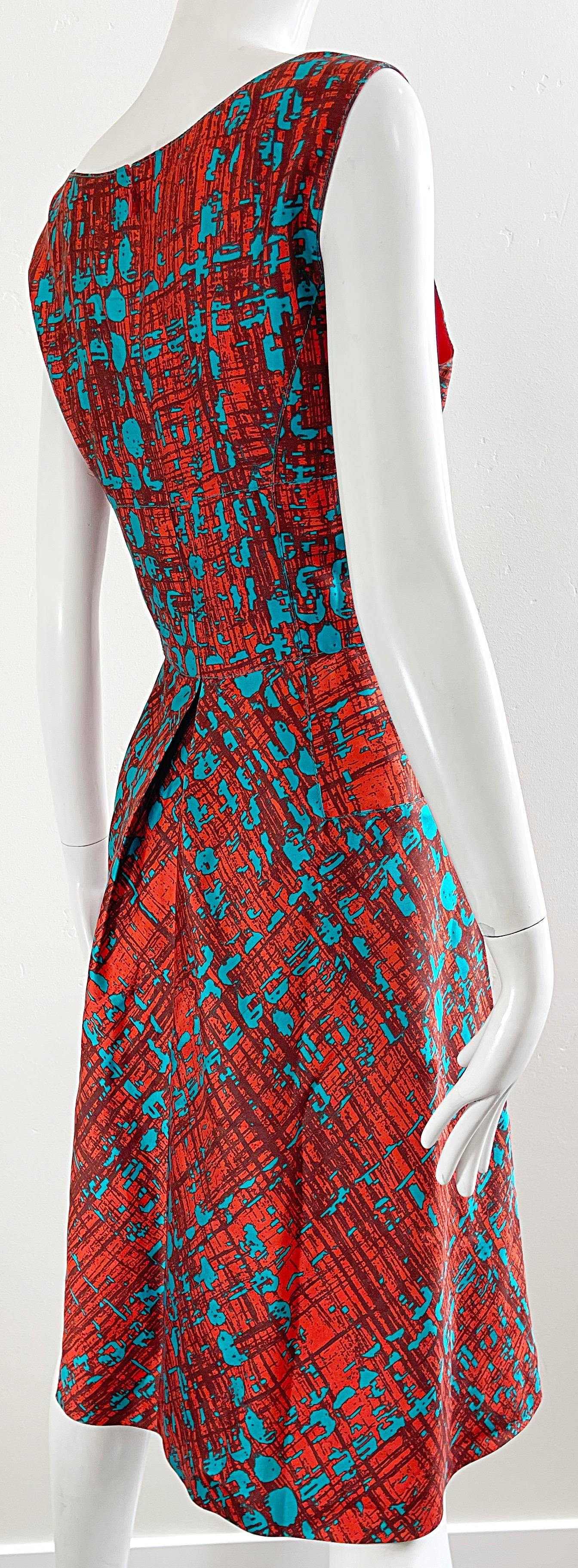 Oscar de la Renta Size 14 2000s Orange + Blue Silk Fit n’ Flare Y2K Dress In Excellent Condition For Sale In San Diego, CA