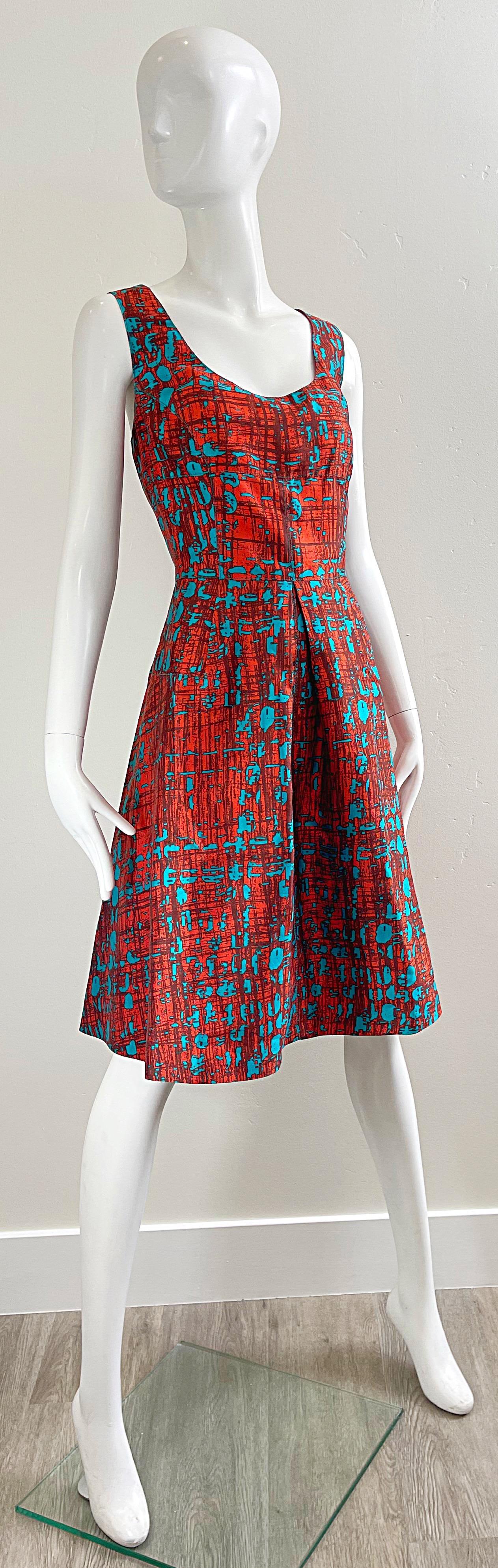 Women's Oscar de la Renta Size 14 2000s Orange + Blue Silk Fit n’ Flare Y2K Dress For Sale