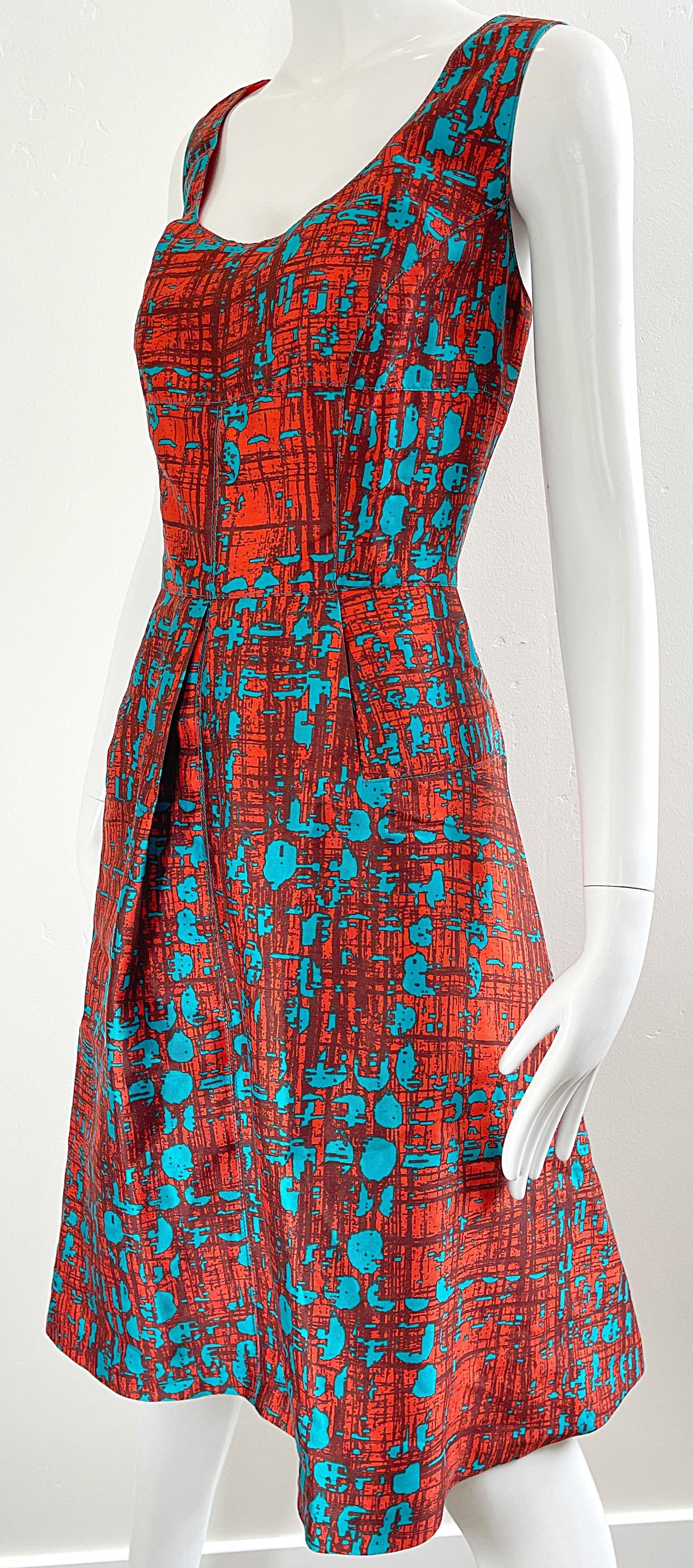 Oscar de la Renta Size 14 2000s Orange + Blue Silk Fit n’ Flare Y2K Dress For Sale 1