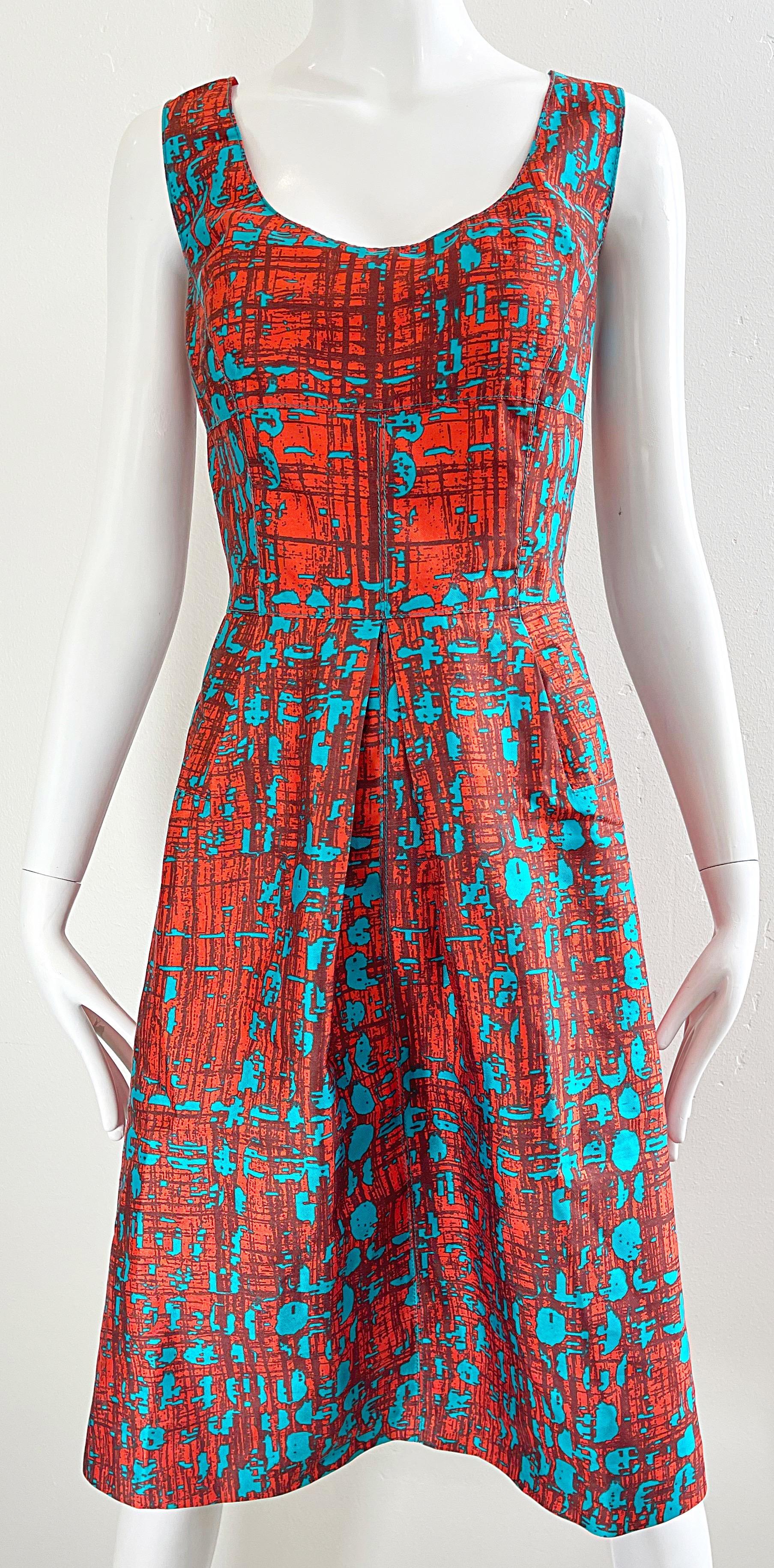 Oscar de la Renta Size 14 2000s Orange + Blue Silk Fit n’ Flare Y2K Dress For Sale 2