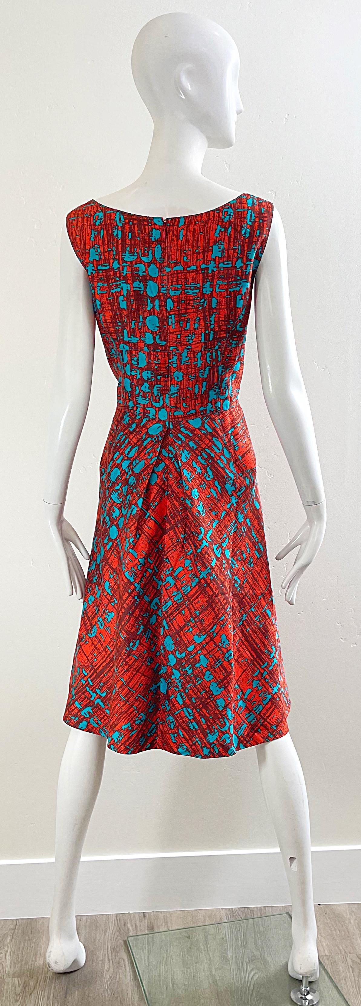 Oscar de la Renta Size 14 2000s Orange + Blue Silk Fit n’ Flare Y2K Dress For Sale 3
