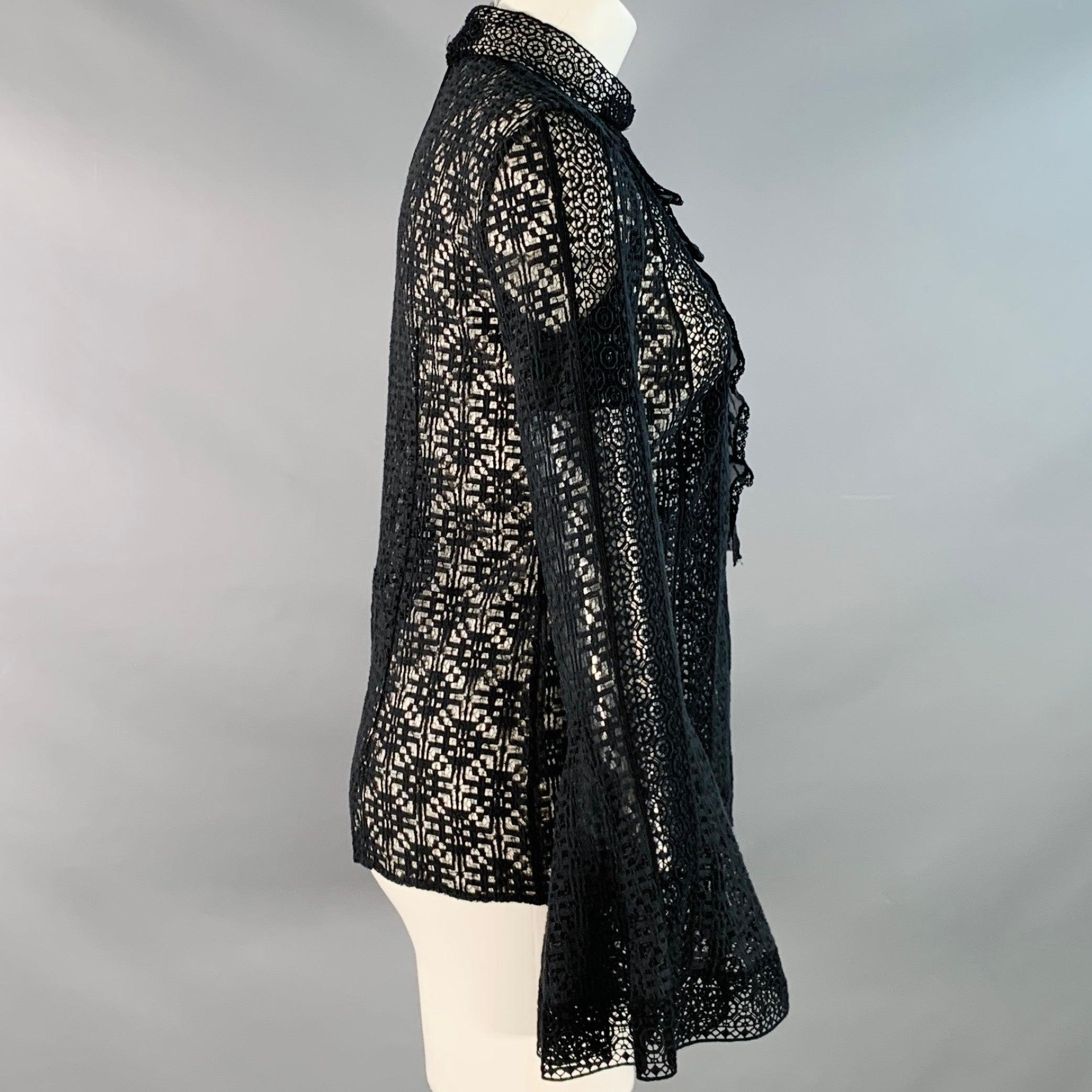 OSCAR DE LA RENTA Größe 2 Schwarz Baumwolle Spitze Mock Neck Glockenärmeln Bluse Damen im Angebot