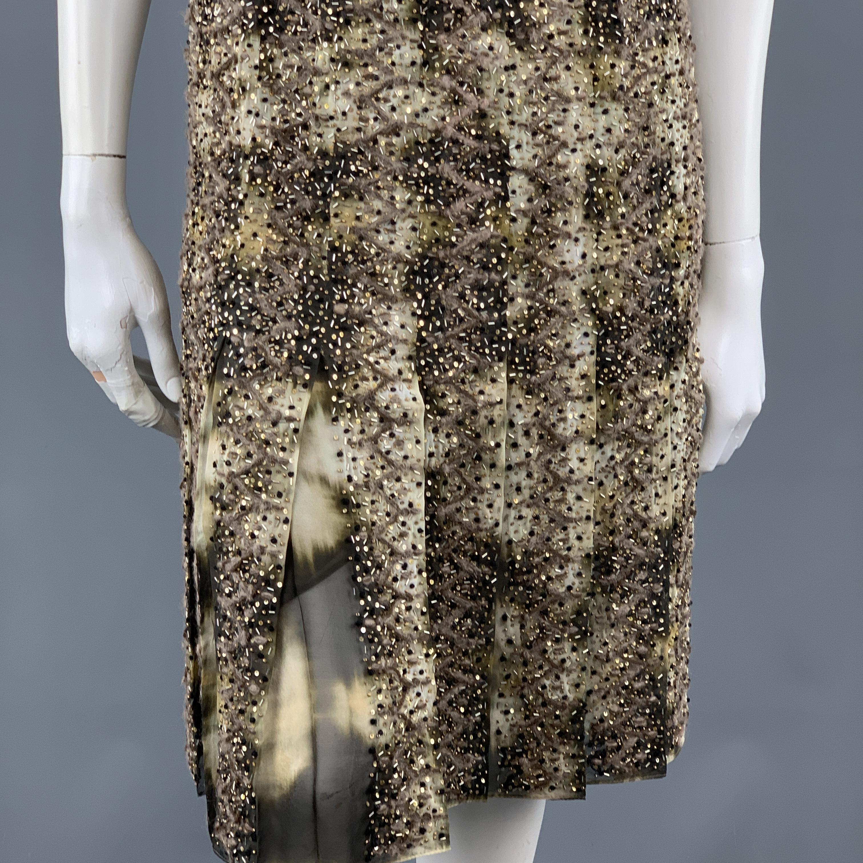 Brown OSCAR DE LA RENTA Size 2 Green Tie Dye Taupe Embroidered Beaded Cocktail Dress
