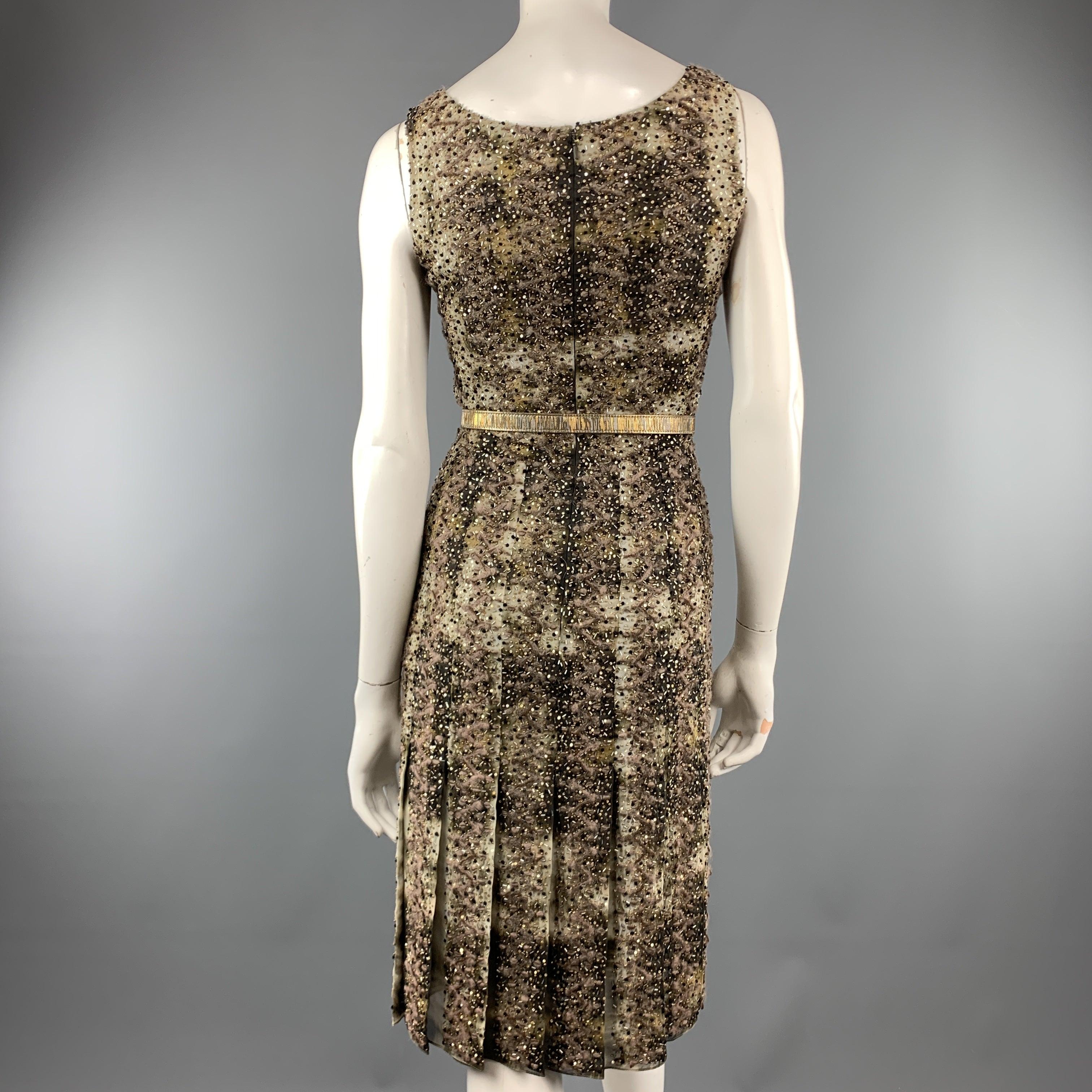 OSCAR DE LA RENTA Size 2 Green Tie Dye Taupe Embroidered Beaded Cocktail Dress For Sale 5