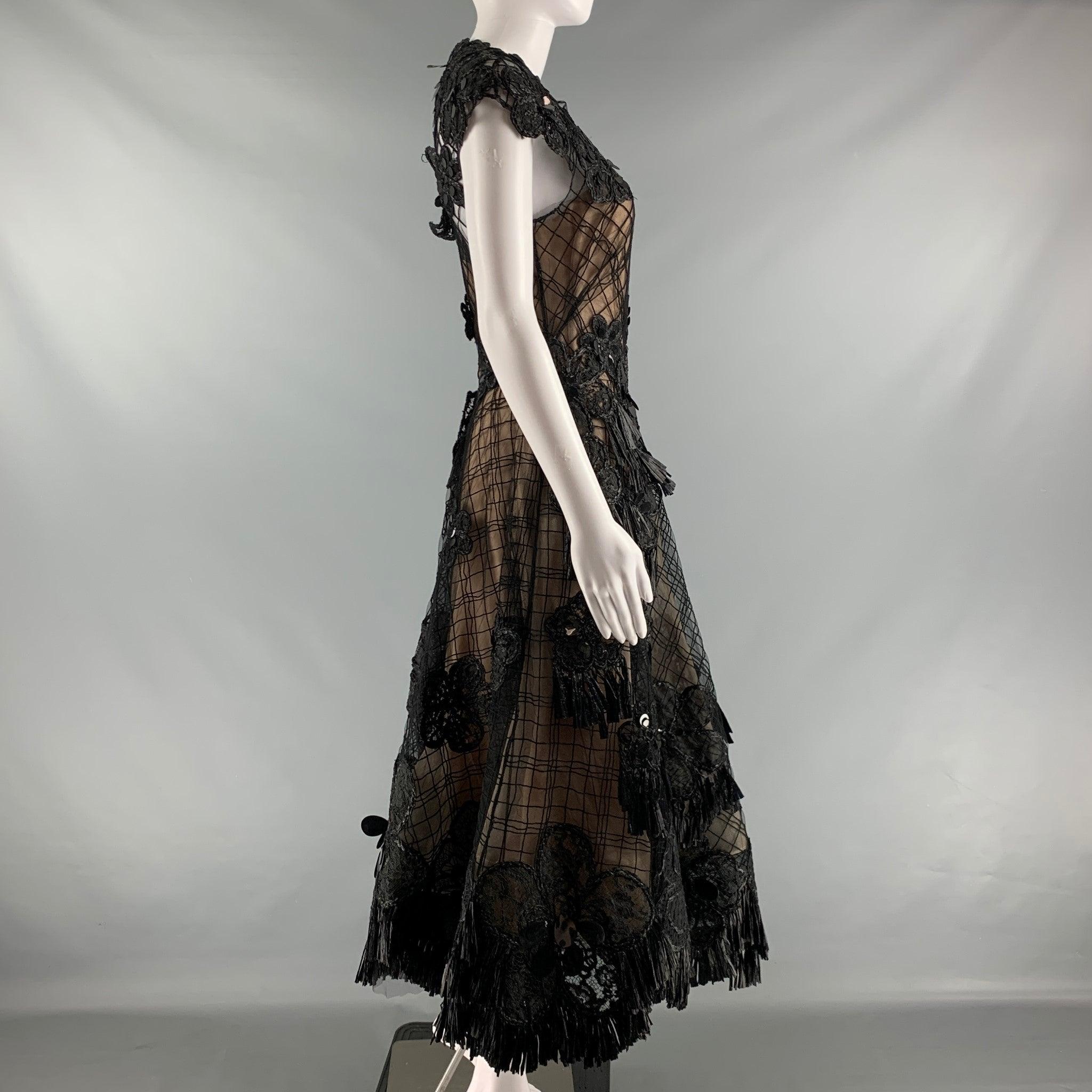 OSCAR DE LA RENTA Size 4 Black Nude Polyamide Embroidered Cocktail Dress 1