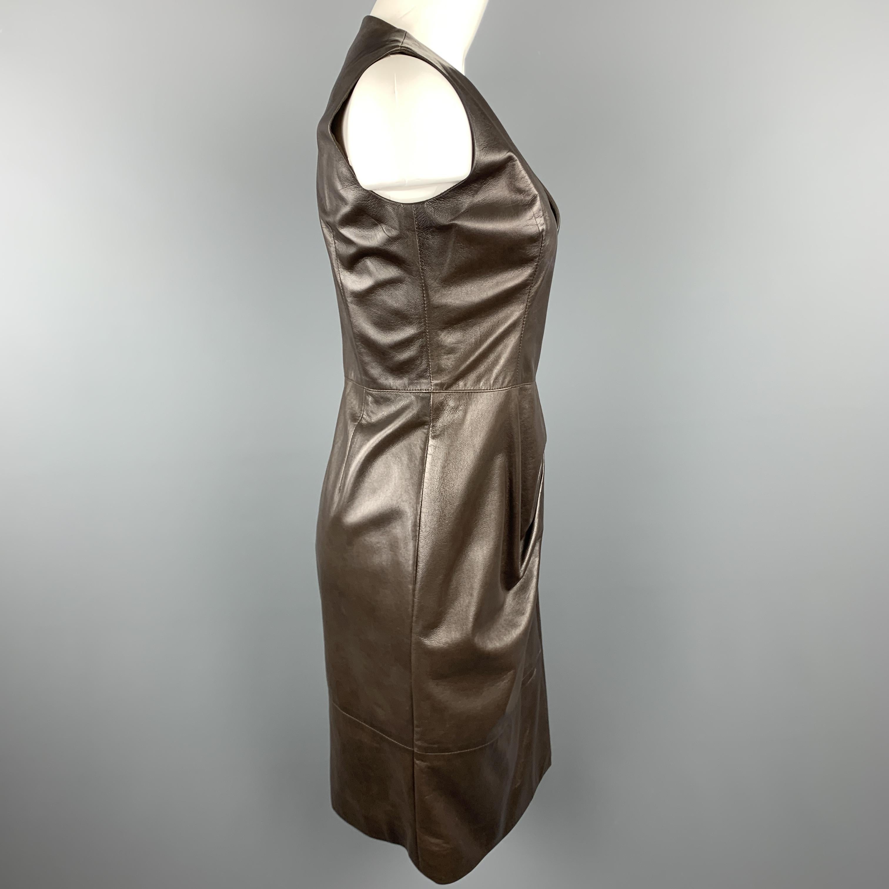 Women's OSCAR DE LA RENTA Size 4 Brown Leather Draped Sleeveless Wrap Dress