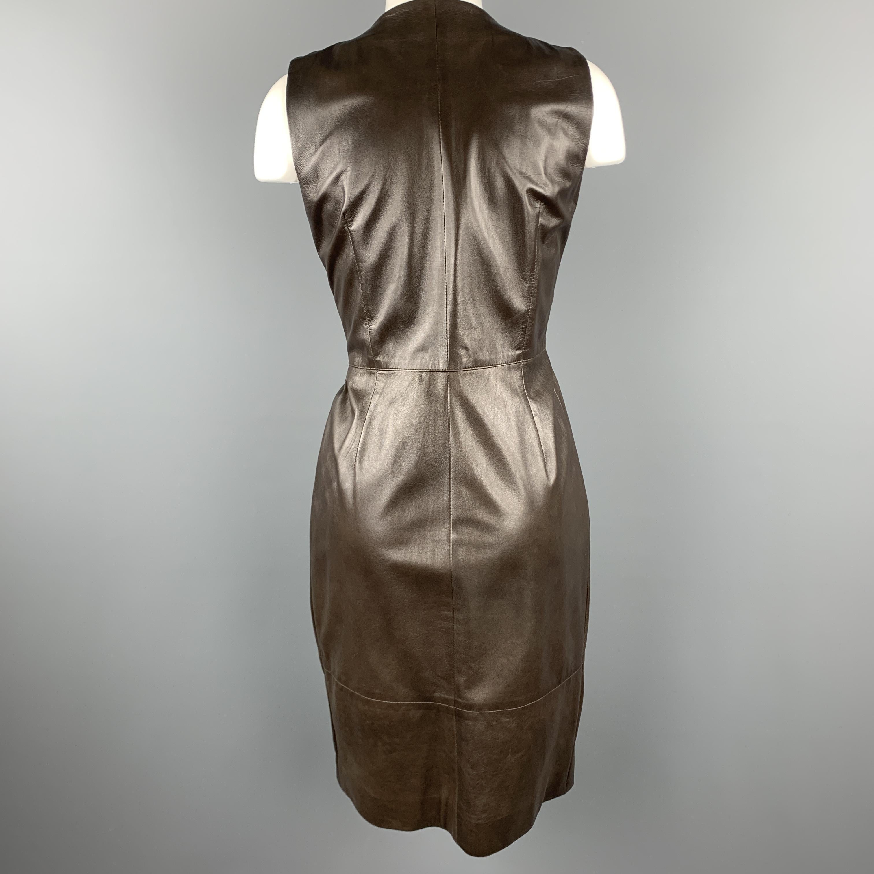 OSCAR DE LA RENTA Size 4 Brown Leather Draped Sleeveless Wrap Dress 1