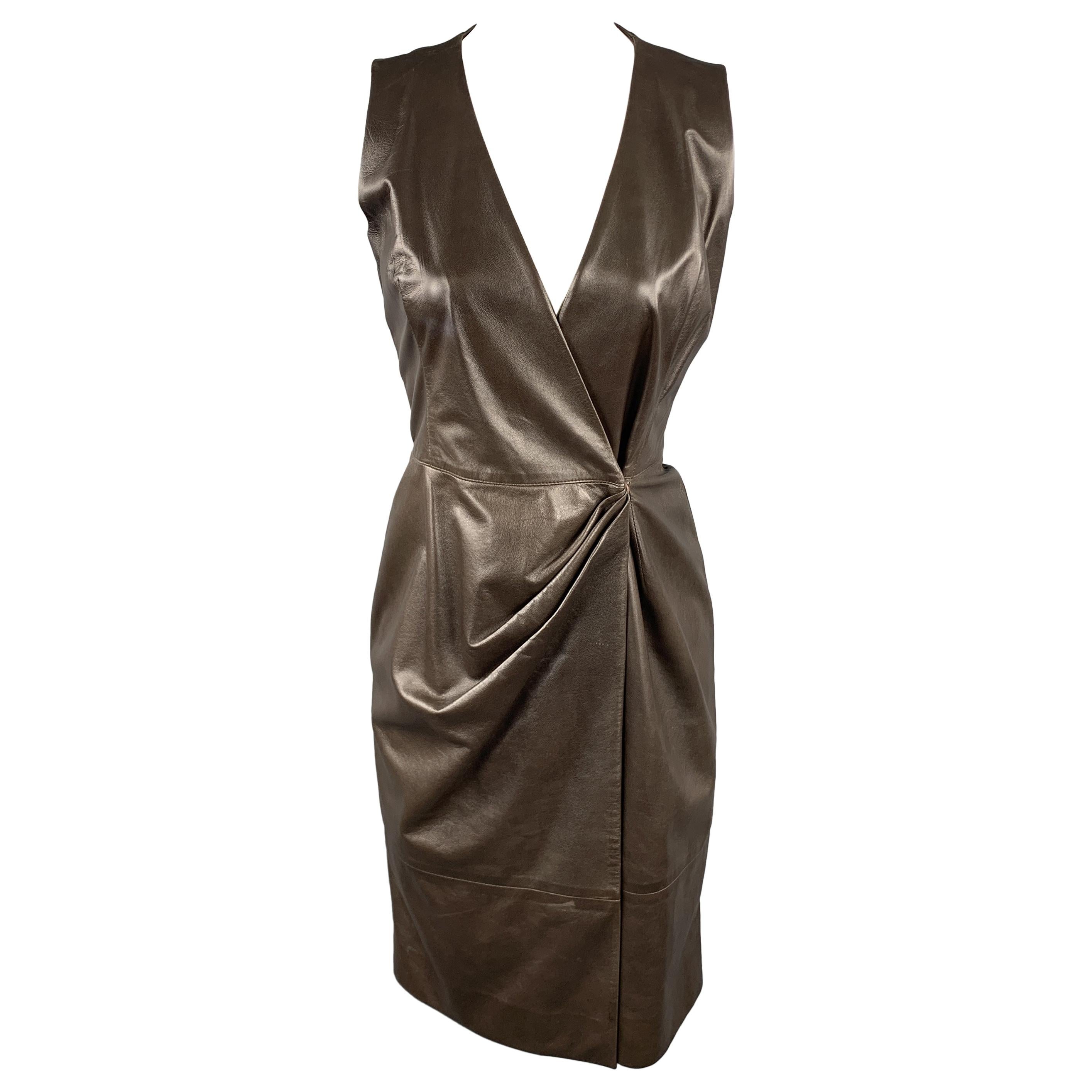 OSCAR DE LA RENTA Size 4 Brown Leather Draped Sleeveless Wrap Dress