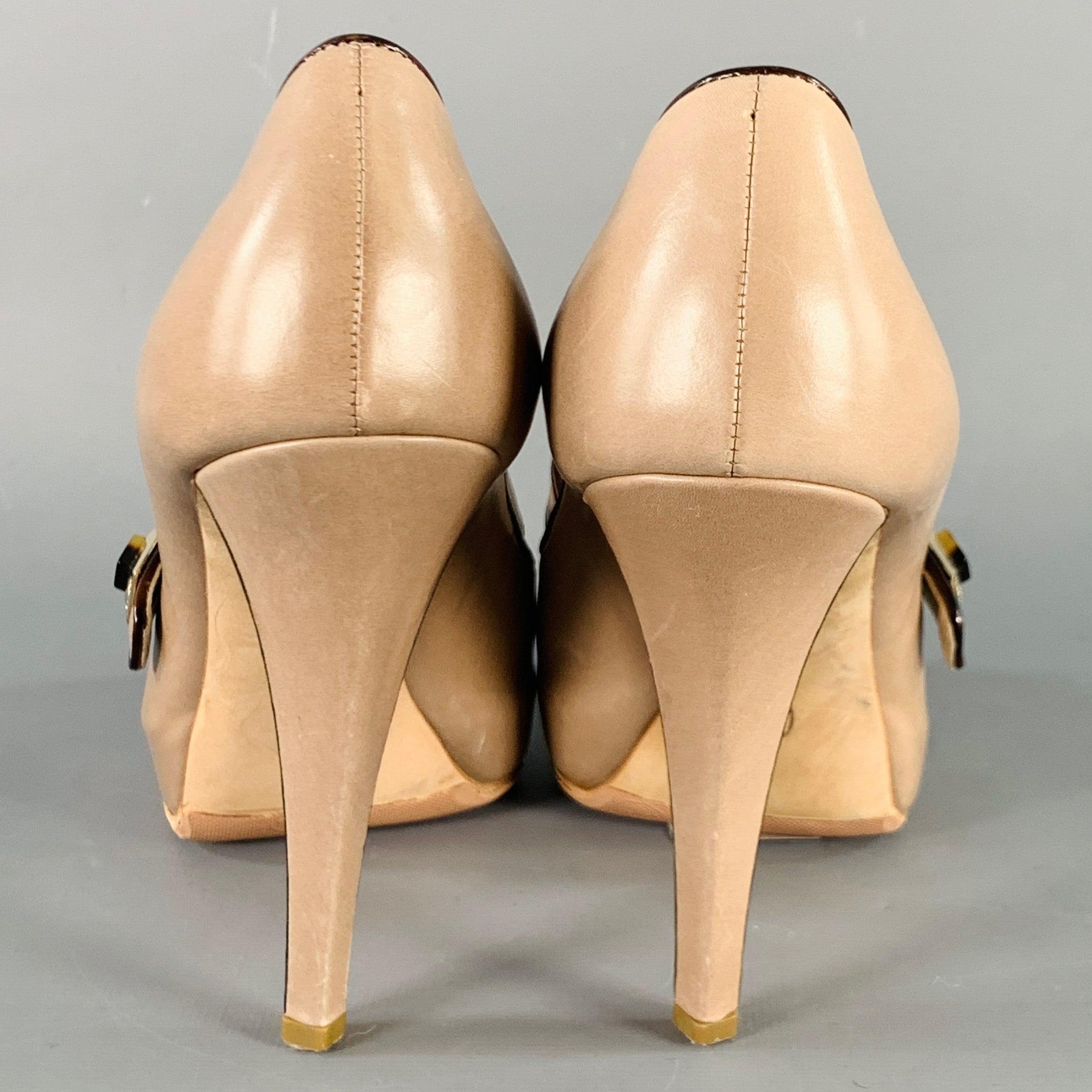 Women's OSCAR DE LA RENTA Size 6 Beige Brown Contrast Trim Mary Jane Platform Pumps For Sale