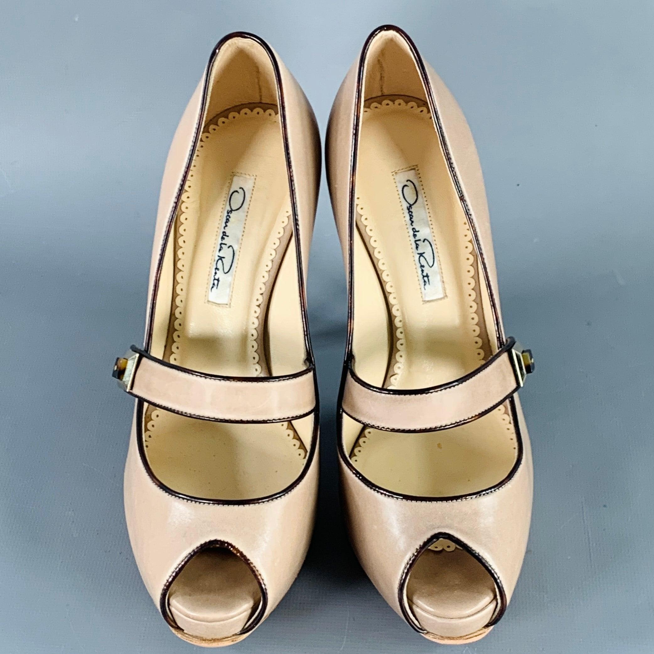 OSCAR DE LA RENTA Size 6 Beige Brown Contrast Trim Mary Jane Platform Pumps For Sale 1