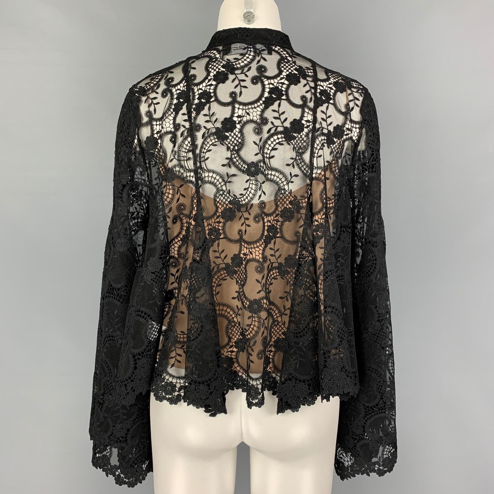 Women's OSCAR DE LA RENTA Size 6 Black Silk Lace Bell Sleeves Blouse For Sale