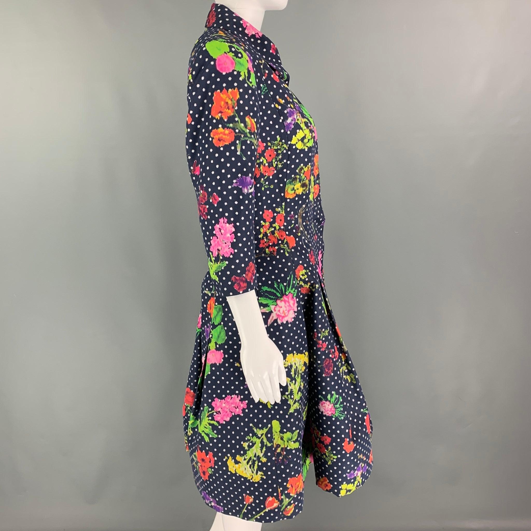 Women's OSCAR DE LA RENTA Size 6 Navy Multi-Color Silk Polka Dot 3/4 Sleeves Coat For Sale