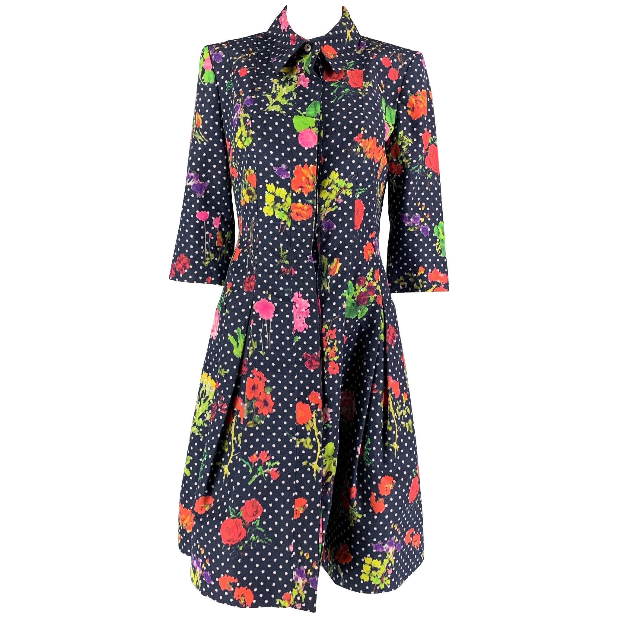 Oscar De La Renta Taglia 6 Cappotto a maniche 3/4 in seta multicolore e marina Dot Dot Dot