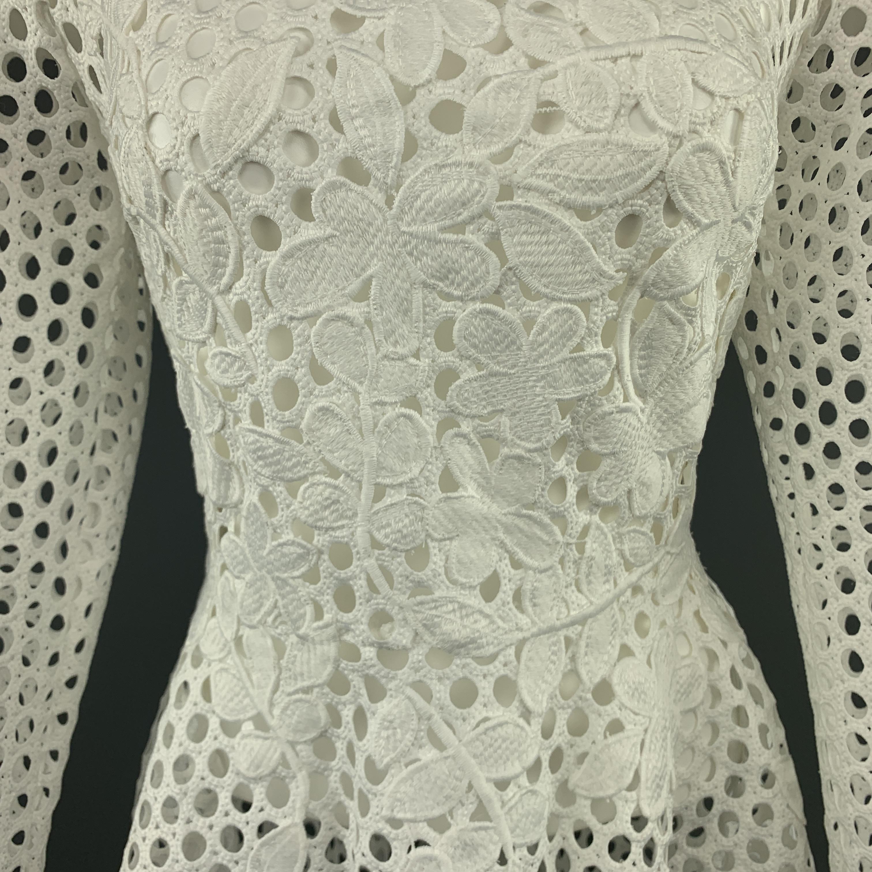 Women's OSCAR DE LA RENTA Size 6 White Mesh Lace Asymmetrical Peplum Dress Top