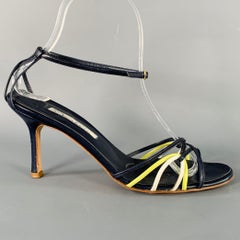 OSCAR DE LA RENTA Size 7 Navy Yellow Leather Strappy Sandals