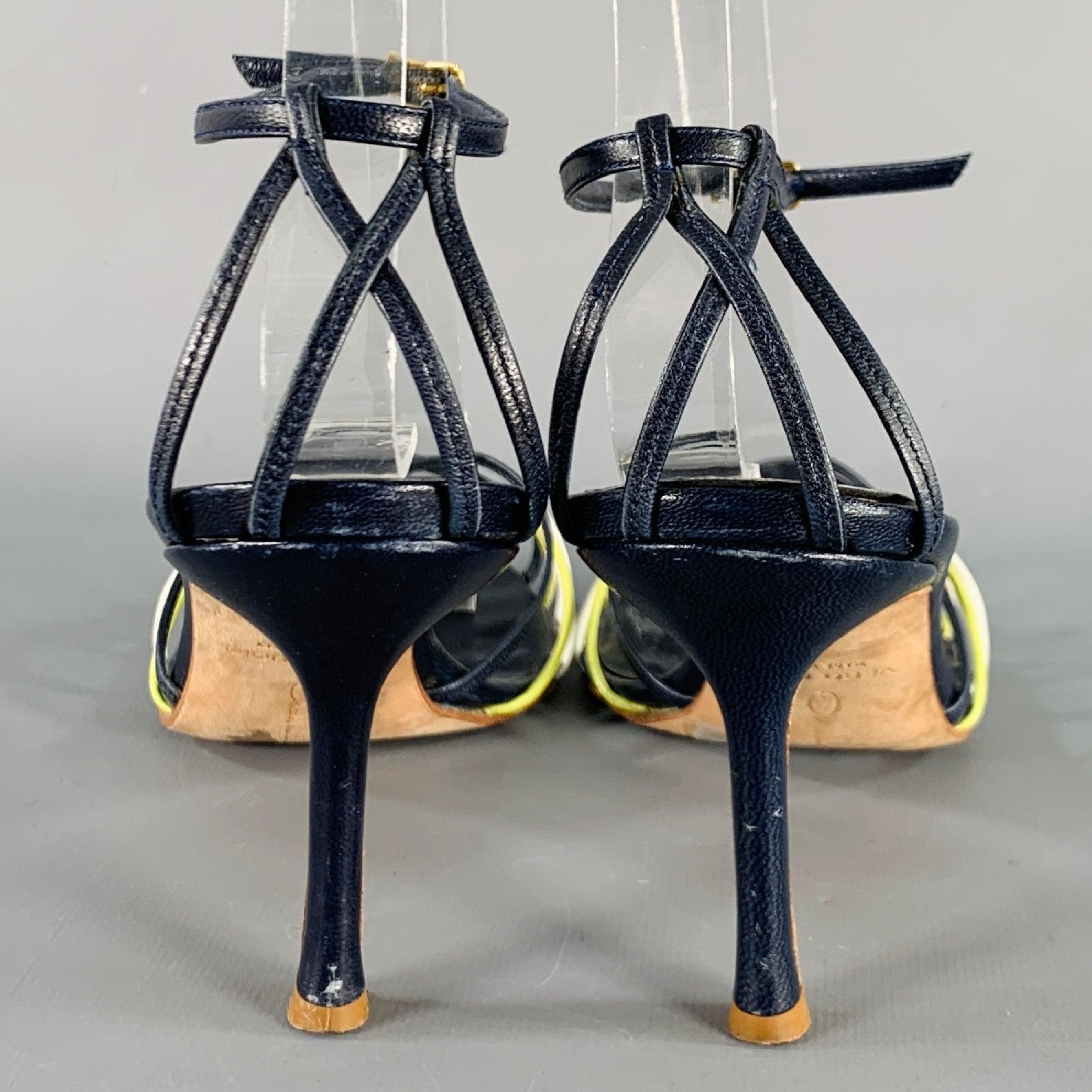 Black OSCAR DE LA RENTA Size 7 Navy Yellow Leather Strappy Sandals For Sale