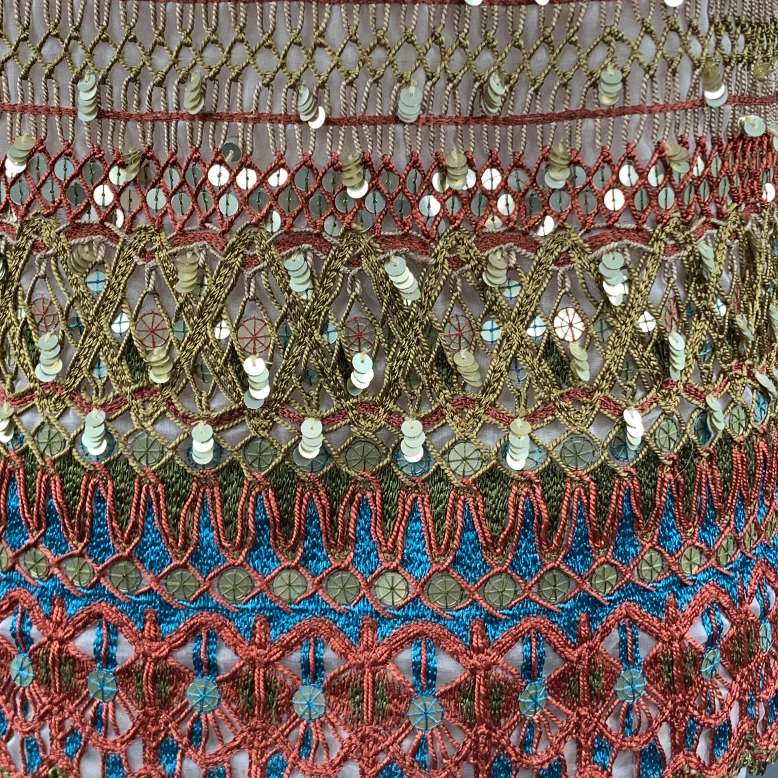 Brown OSCAR DE LA RENTA Size 8 Beige Gold Red & Blue Sequin Embroidered Silk A Line Sk
