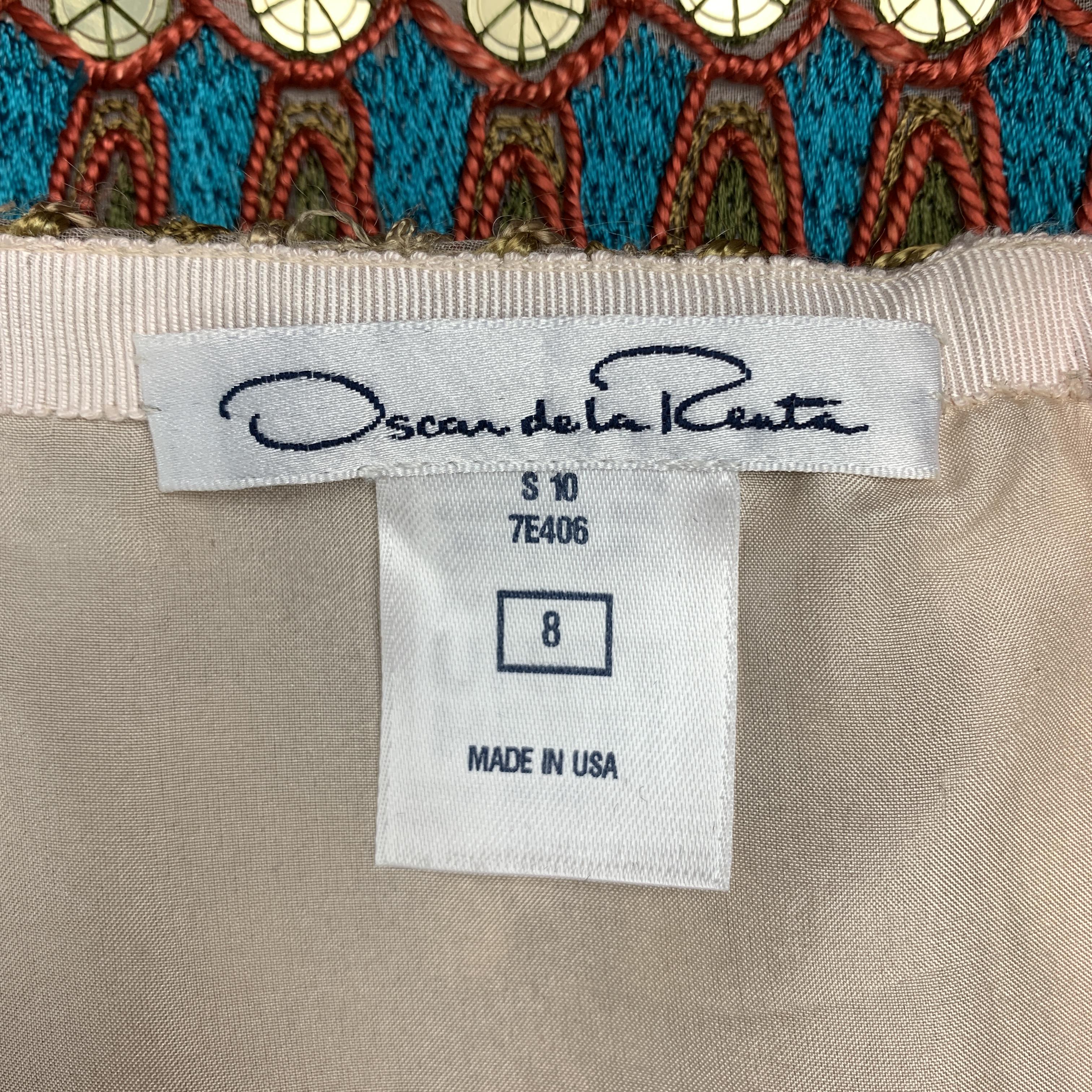 OSCAR DE LA RENTA Size 8 Beige Gold Red & Blue Sequin Embroidered Silk A Line Sk 2