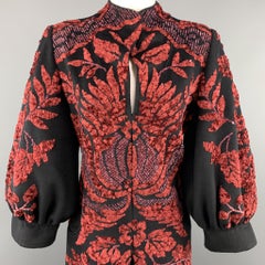OSCAR DE LA RENTA Size 8 Black & Red Velvet Sequin Brocade Balloon Sleeve Coat