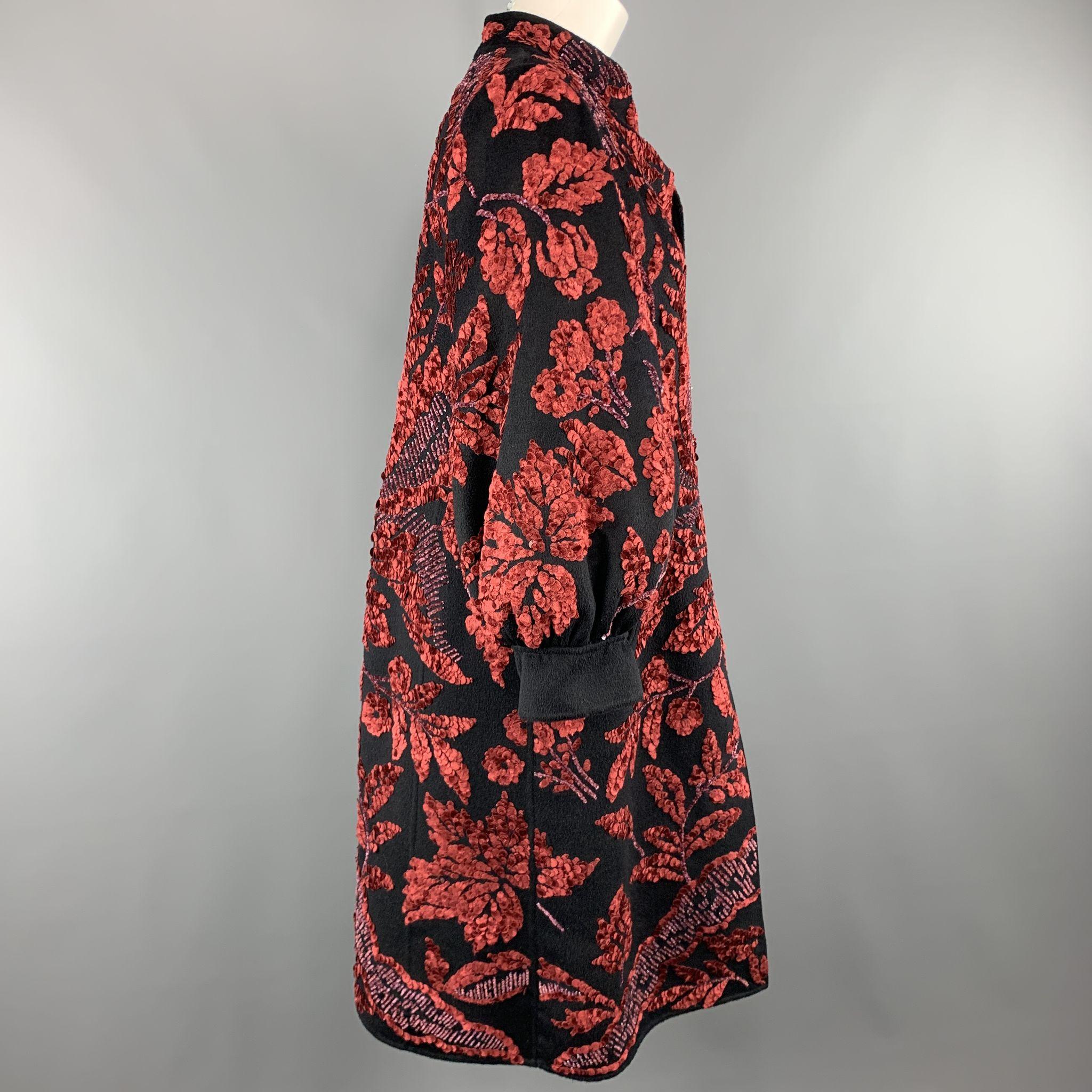 OSCAR DE LA RENTA Size 8 Black & Red Velvet Sequin Brocade Balloon Sleeve Coat 1