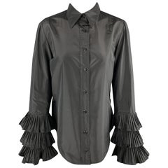 OSCAR DE LA RENTA Size 8 Black Silk Taffeta Pleated Ruffle Sleeve Blouse