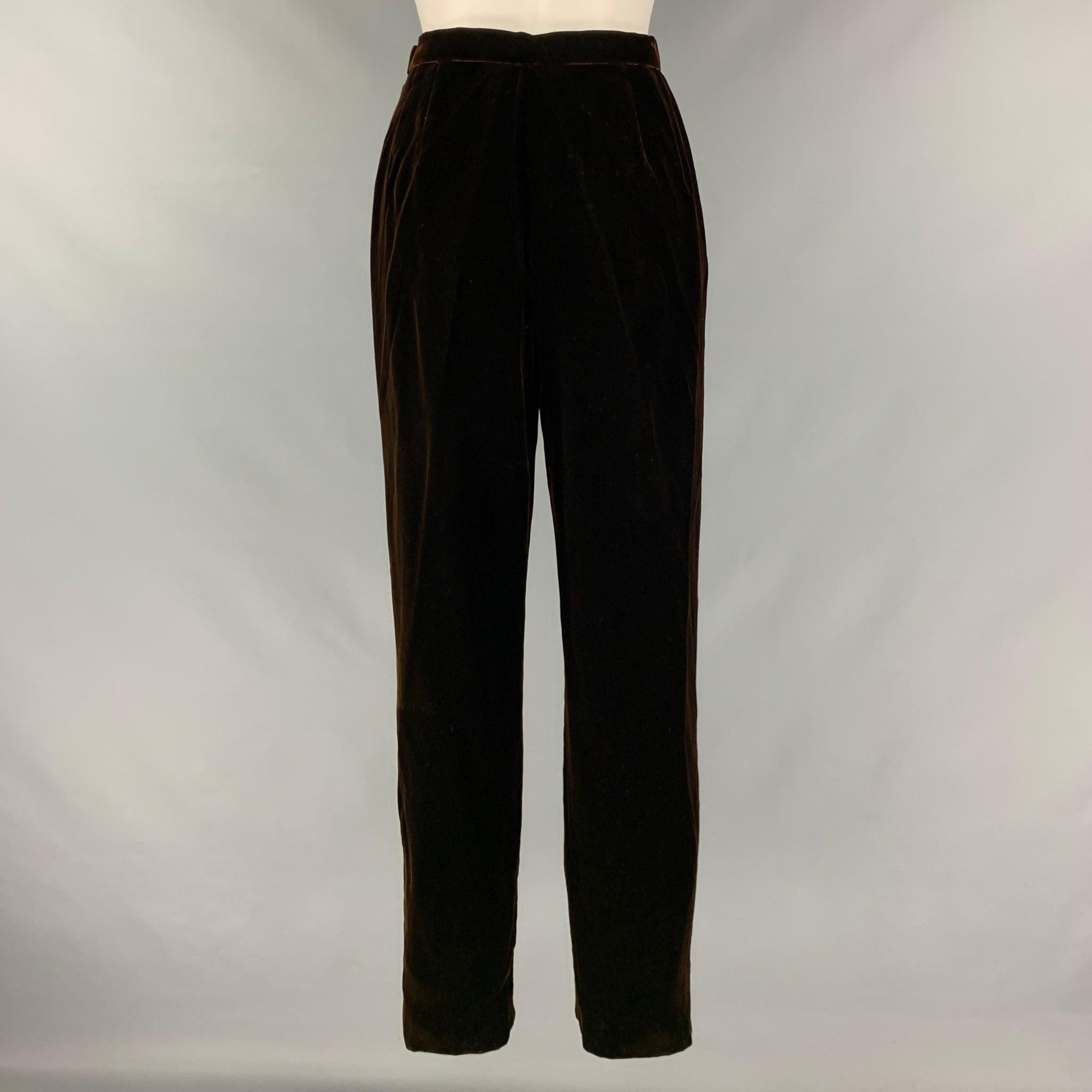 Women's OSCAR DE LA RENTA Size 8 Brown Velvet High Waisted Dress Pants For Sale
