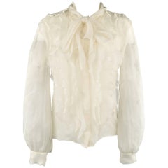 OSCAR DE LA RENTA Size 8 Cream Silk Chiffon Ruffle Tie Blouse