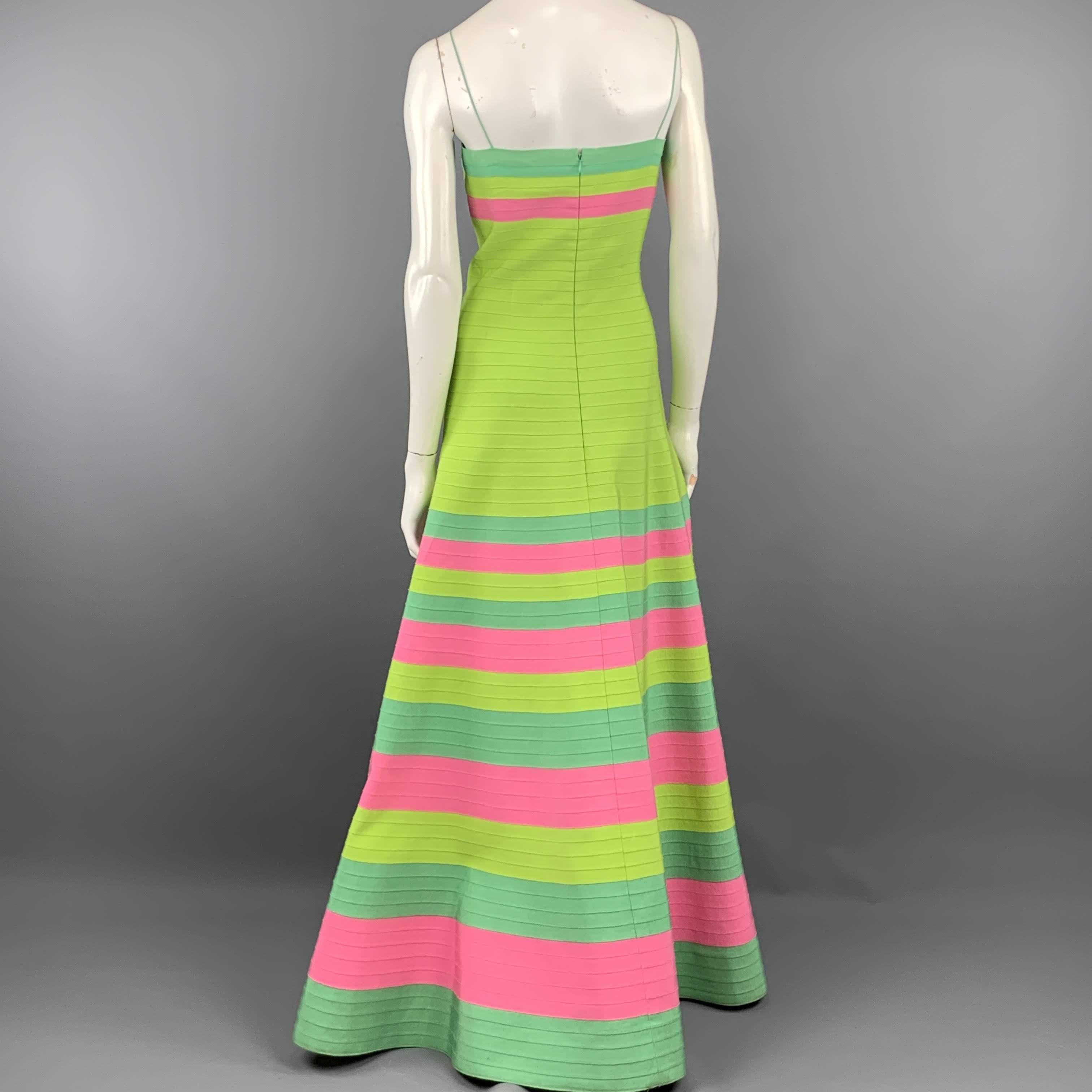 OSCAR DE LA RENTA Size 8 Green Turquoise & Pink Grosgrain Striped Gown 1