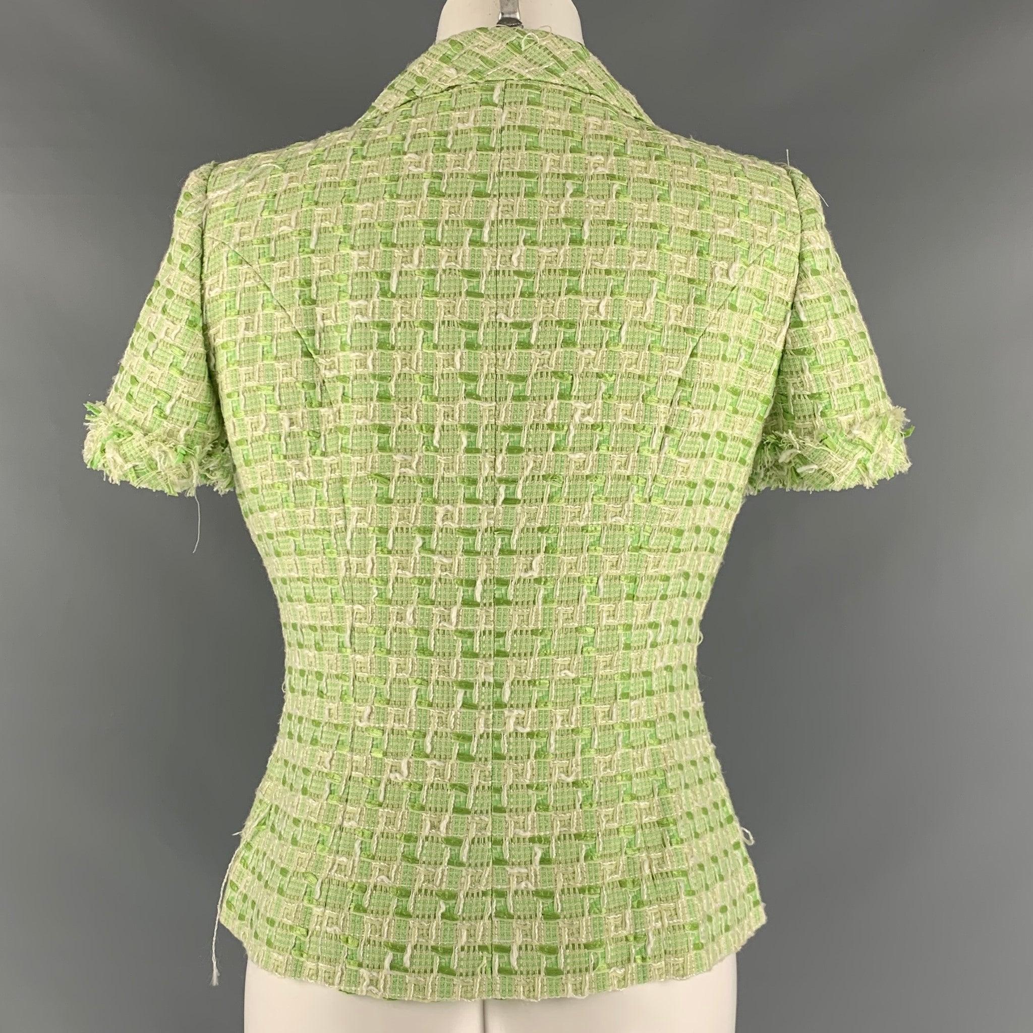 Women's OSCAR DE LA RENTA Size 8 Green White Polyamide Blend Woven Dress Top For Sale