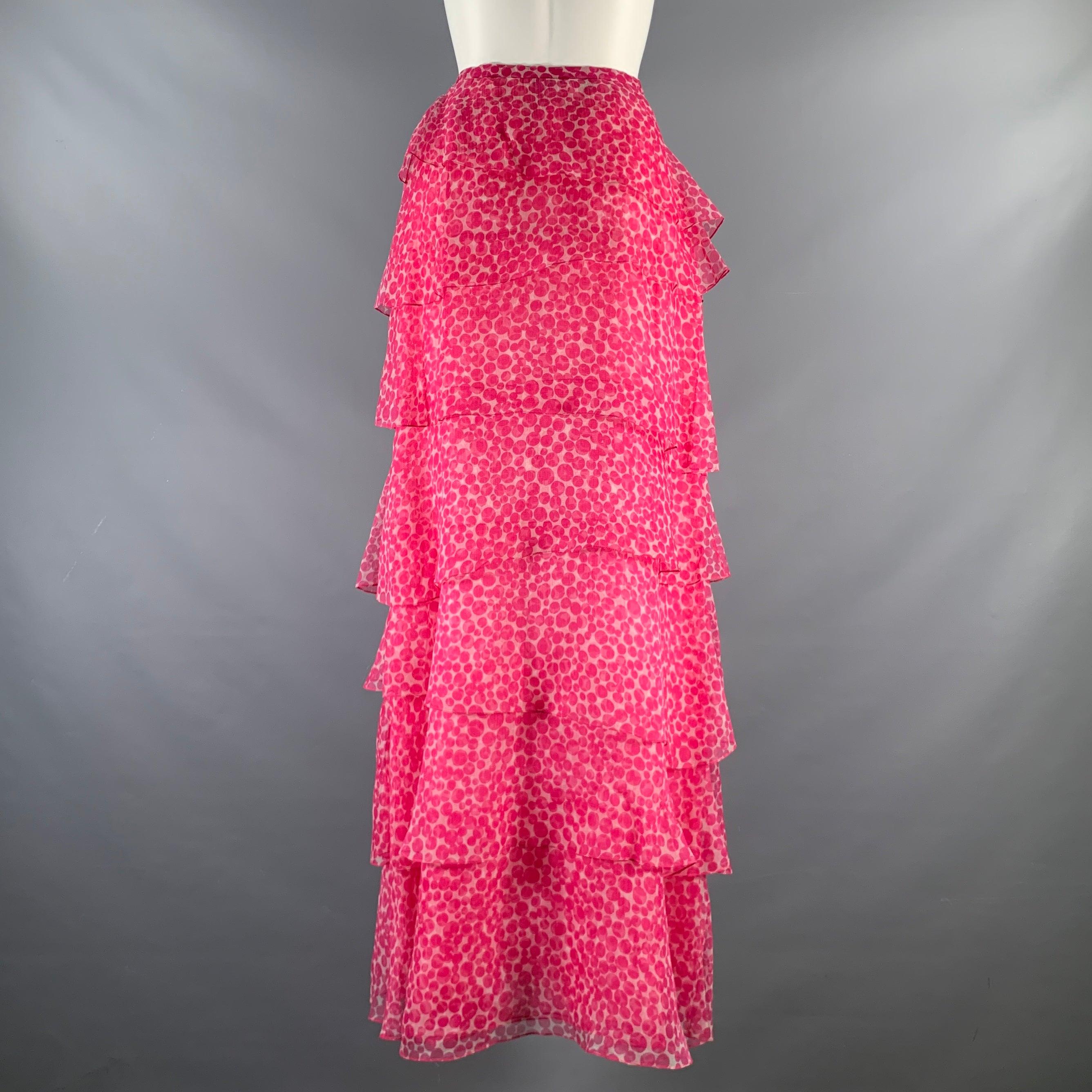 Women's OSCAR DE LA RENTA Size 8 Pink White Dots Ruffle Long Skirt For Sale