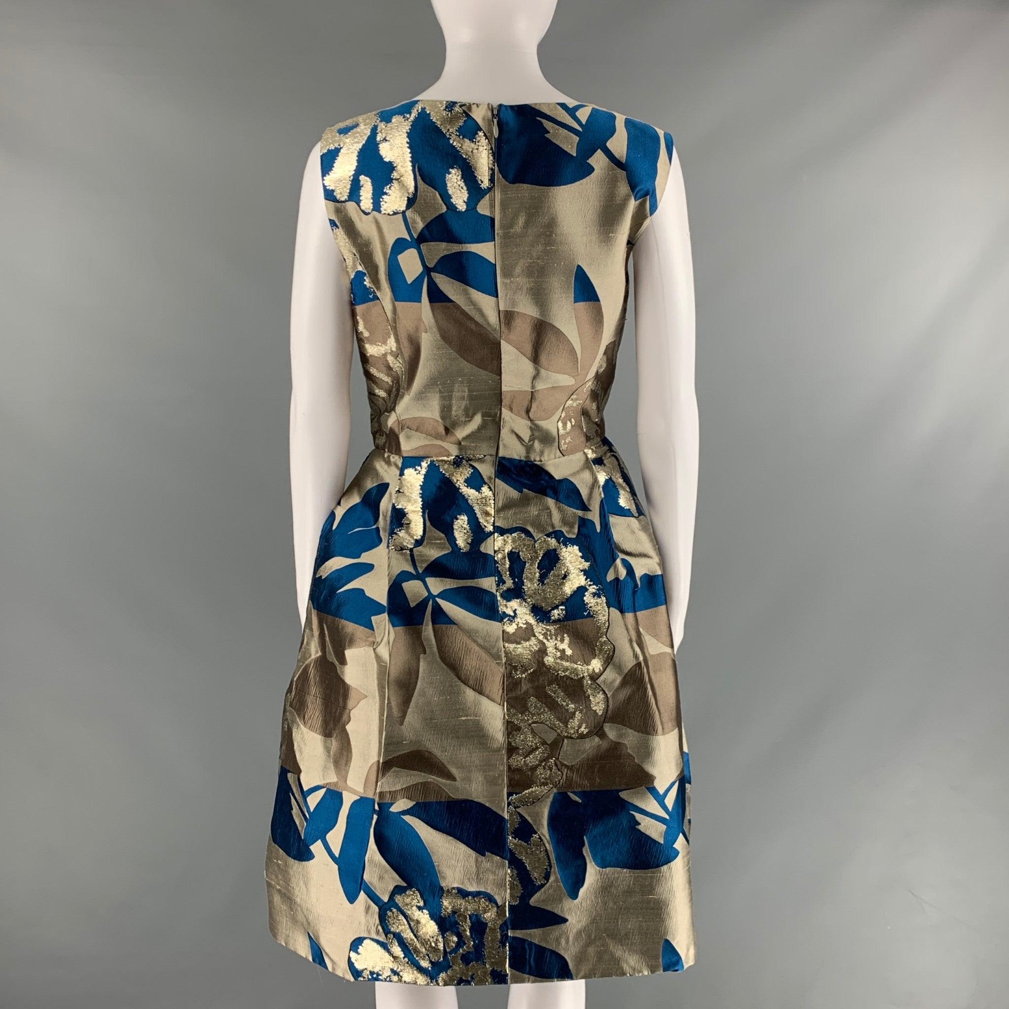 Women's OSCAR DE LA RENTA Size 8 Taupe Blue Polyester Silk Print A-Line Cocktail Dress For Sale