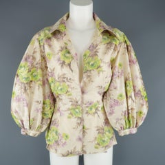 Oscar de la Renta Green and Lavender Floral Silk Ballon Sleeve Blouse