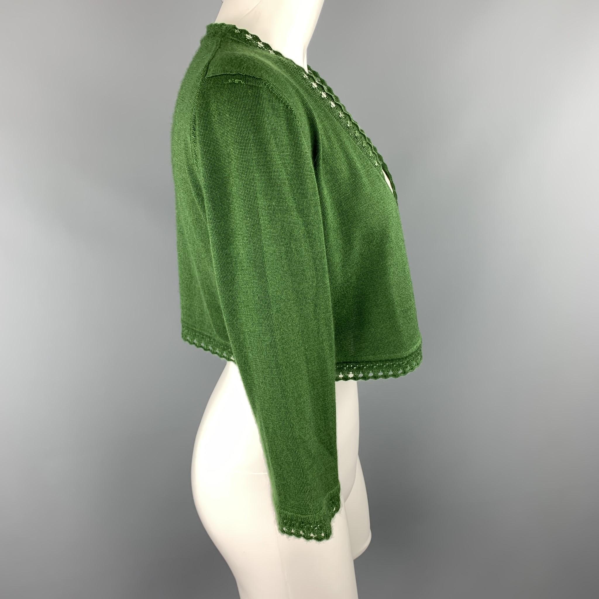 Women's OSCAR DE LA RENTA Size M Green Cashmere / Silk Lace Trim Bolero Cardigan