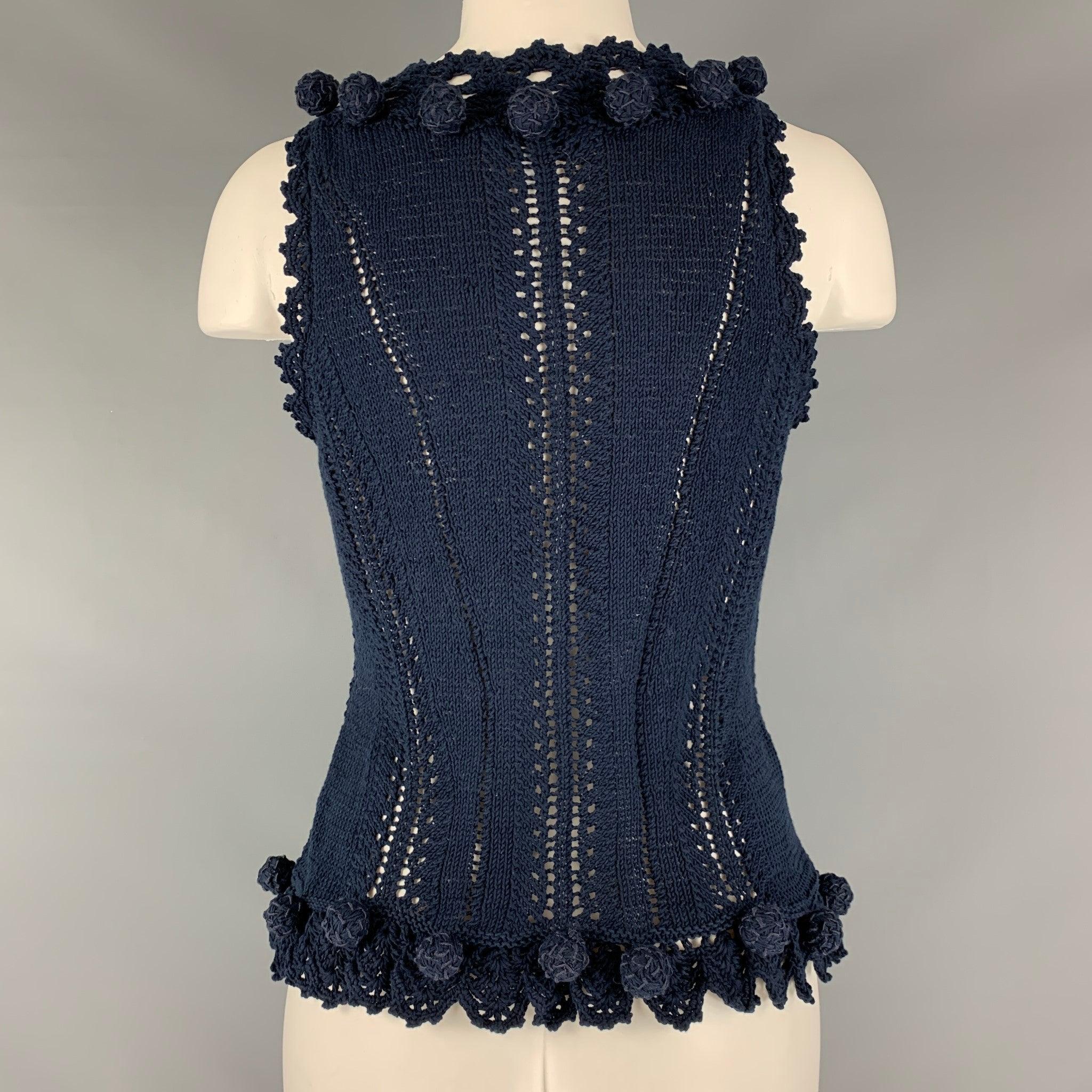 Women's OSCAR DE LA RENTA Size M Navy Cotton Crochet Sleeveless Casual Top For Sale